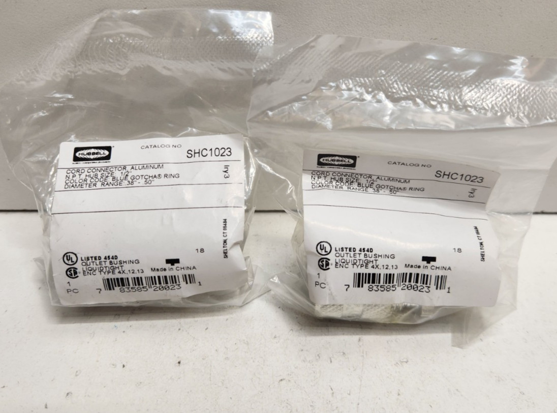 LOT OF 2 NEW IN BAG! HUBBELL 1/2″ NPT .38″-.5″ DIA ALUMINUM CORD GRIPS SHC1023