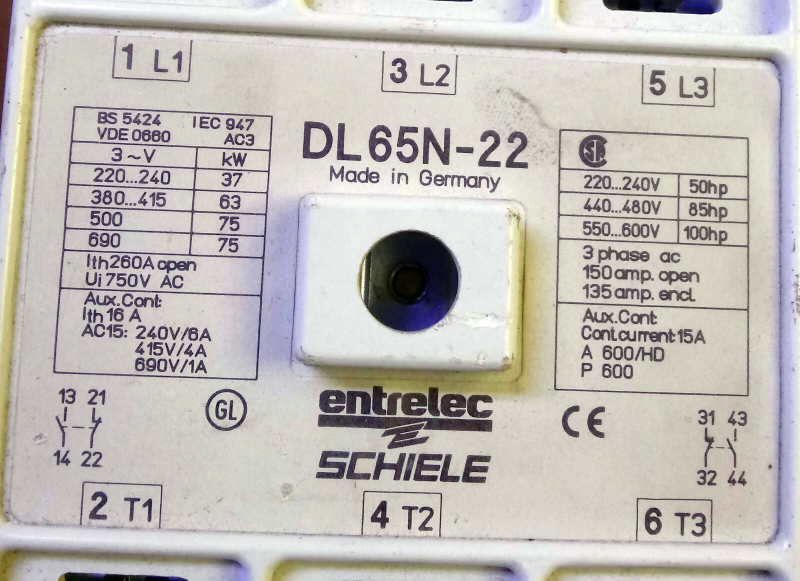 1 USED ENTRELEC SCHIELE DL65N-22 CONTACTOR ***MAKE OFFER***