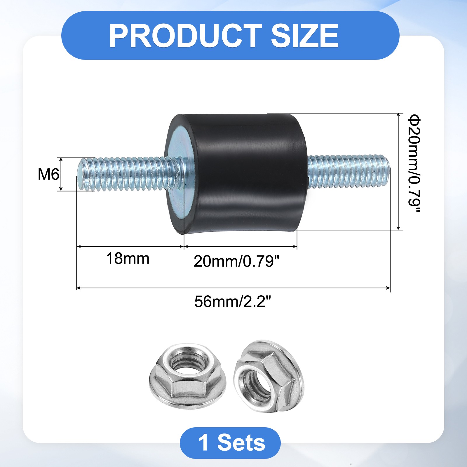 M6 x 18mm Rubber Mounts, 20 x 20mm Rubber Vibration Isolator with Nuts