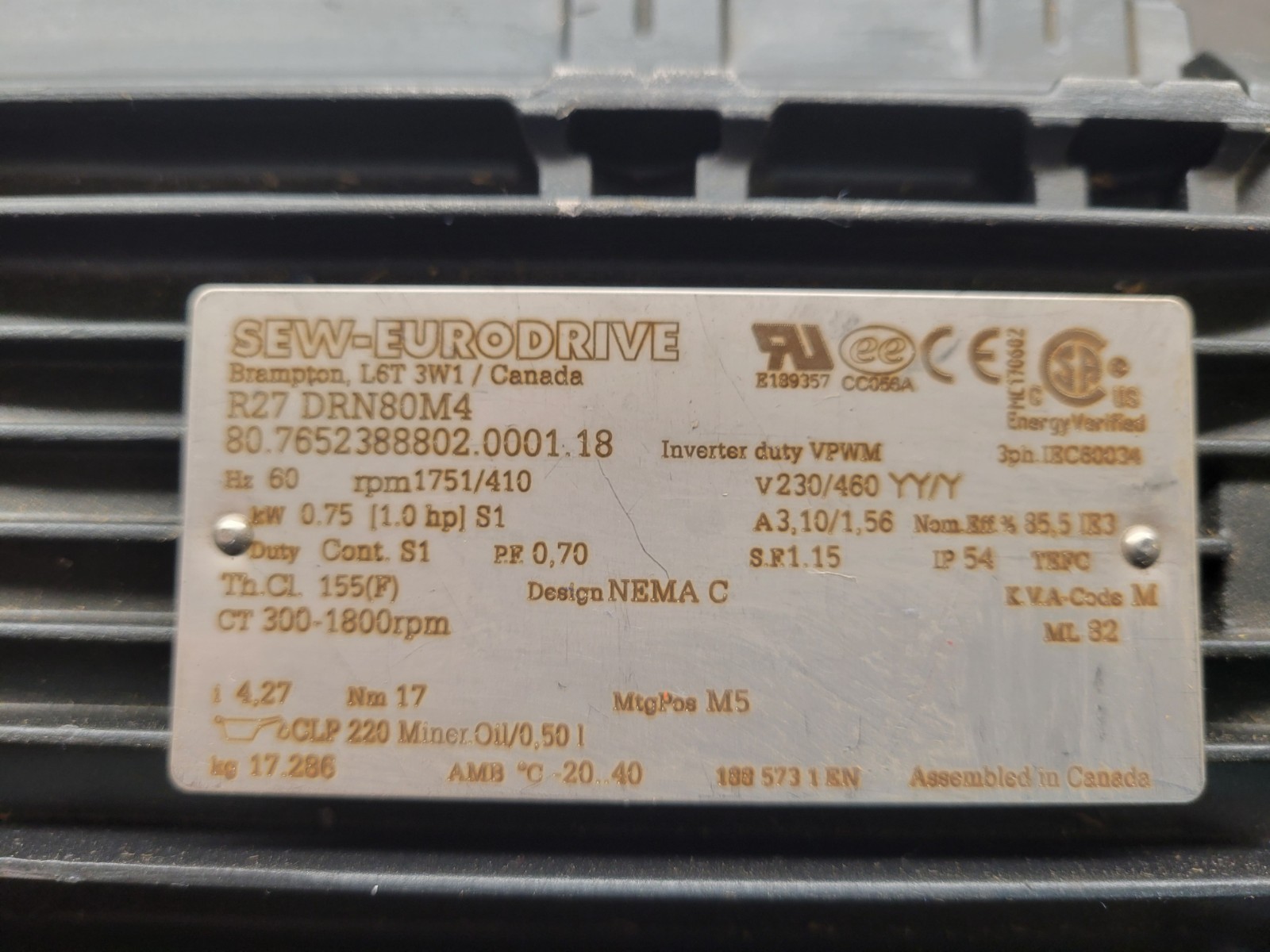 SEW Euro-Drive R27 DRN80M4/Type R27/A Motor Drive.