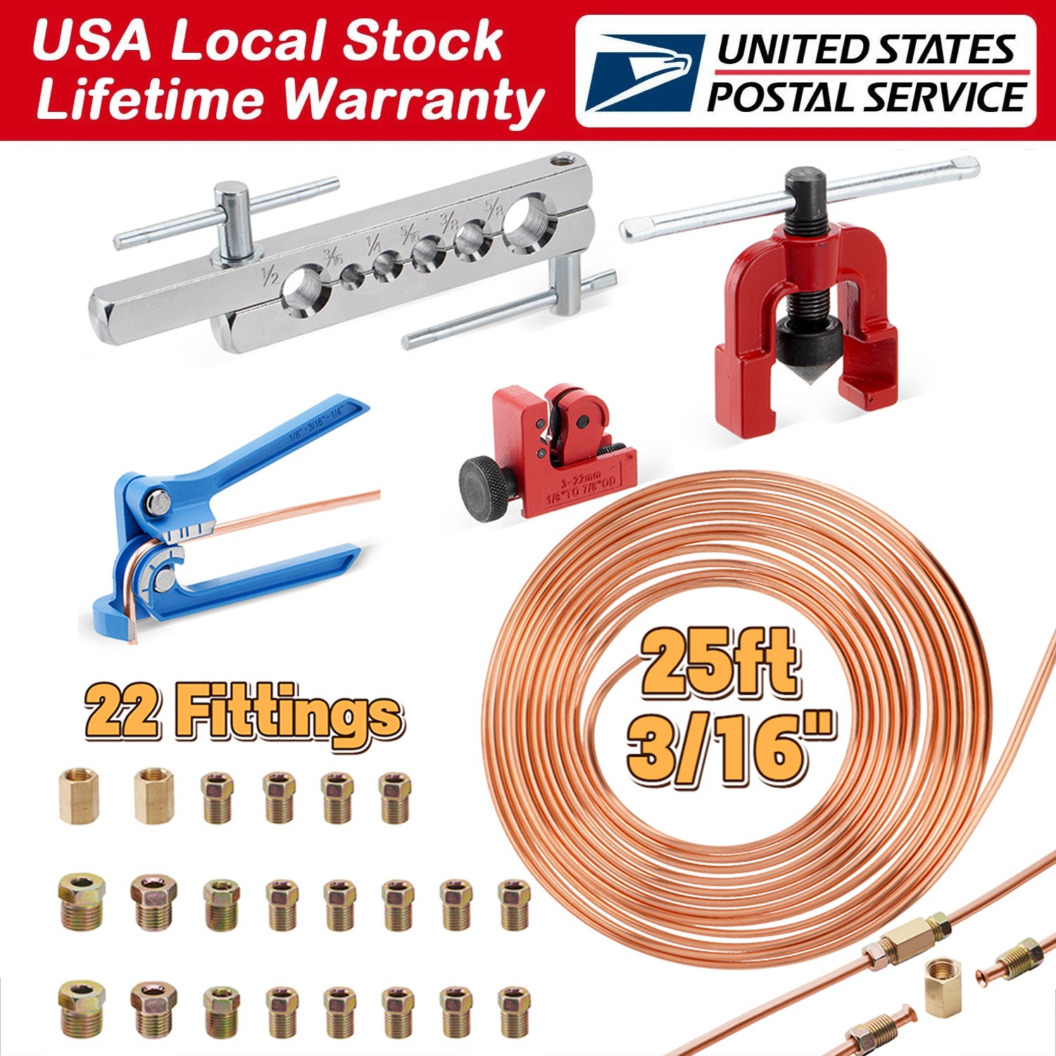 25Ft 3/16″ Copper-Coated Brake Line Kit (16 Fittings, 2 Union and 4 Nut ) Acc.