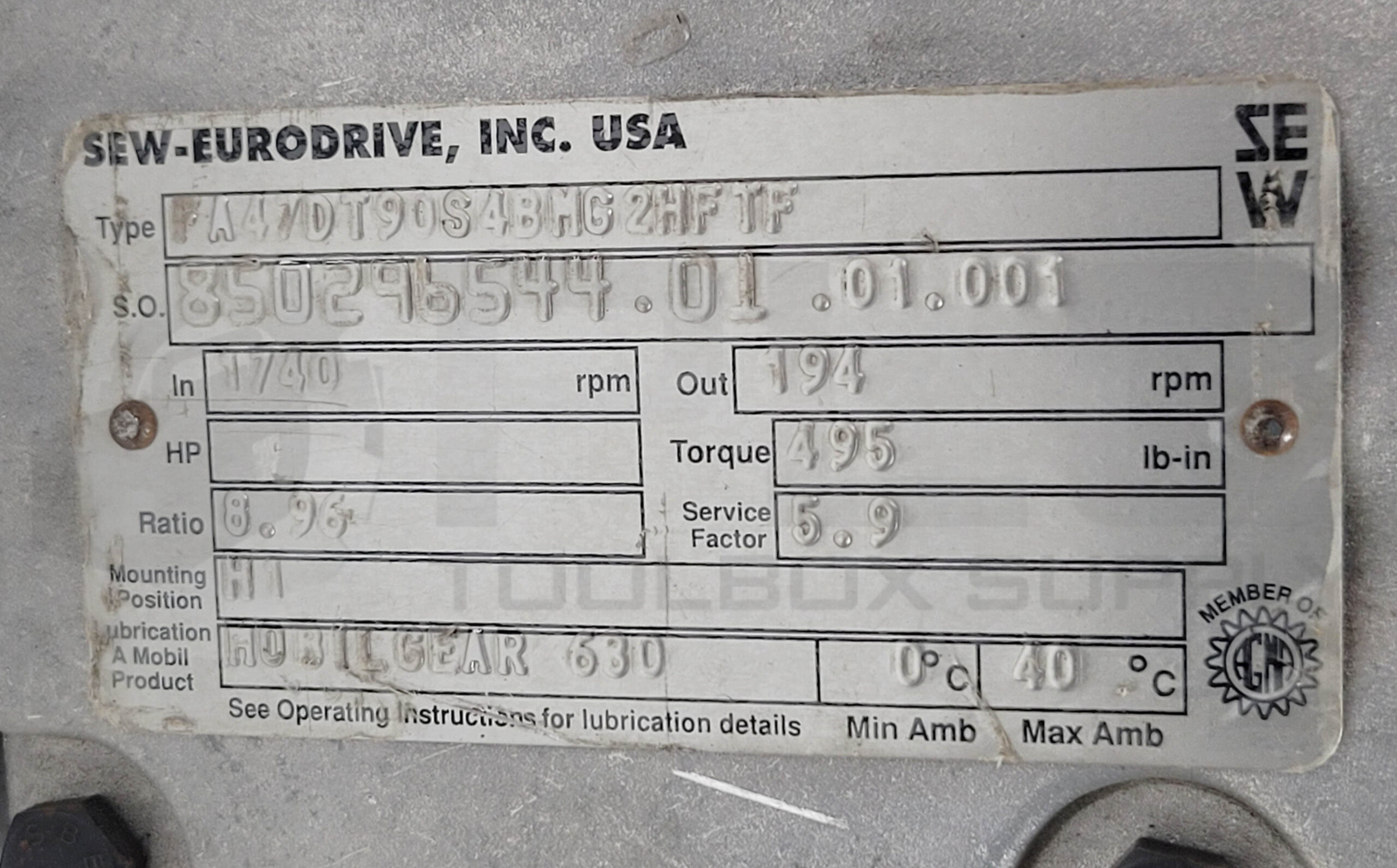 NEW SEW EURODRIVE DFT90S4BMG2HFTF W/ FA47DT90S4BMG2HFTF GEAR REDUCER 96:1