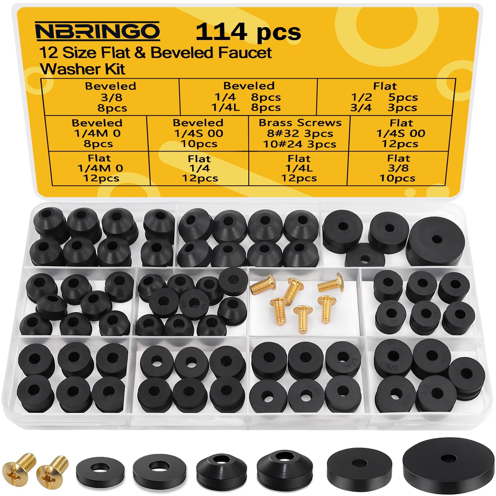 NBRINGO 114-Piece 12 Sizes Faucet Washer Assortment Kit – Flat & 12, Black