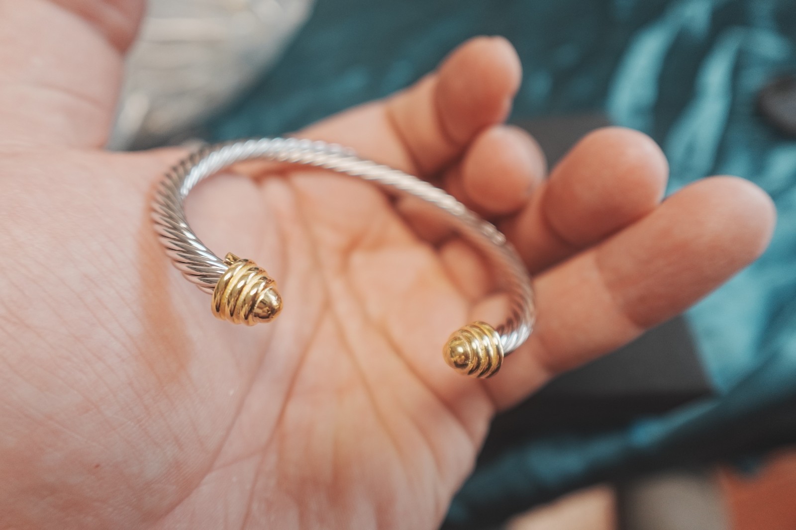 New.DavidYurman.4mm.Classic Cable.Sterling Silver BraceIet&18k Gold Dome BangIe
