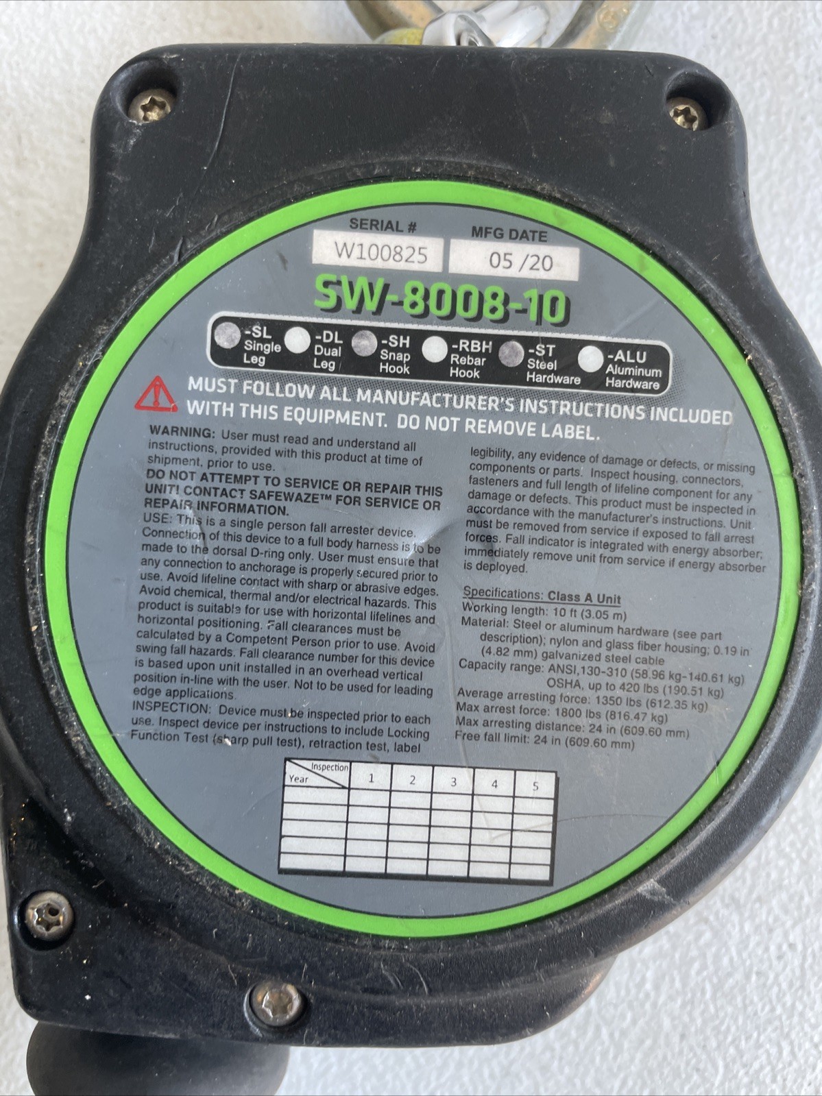 Safewaze SW-8008-10 Class A 10′ Cable Retractable w/Forged Steel Snap Hook