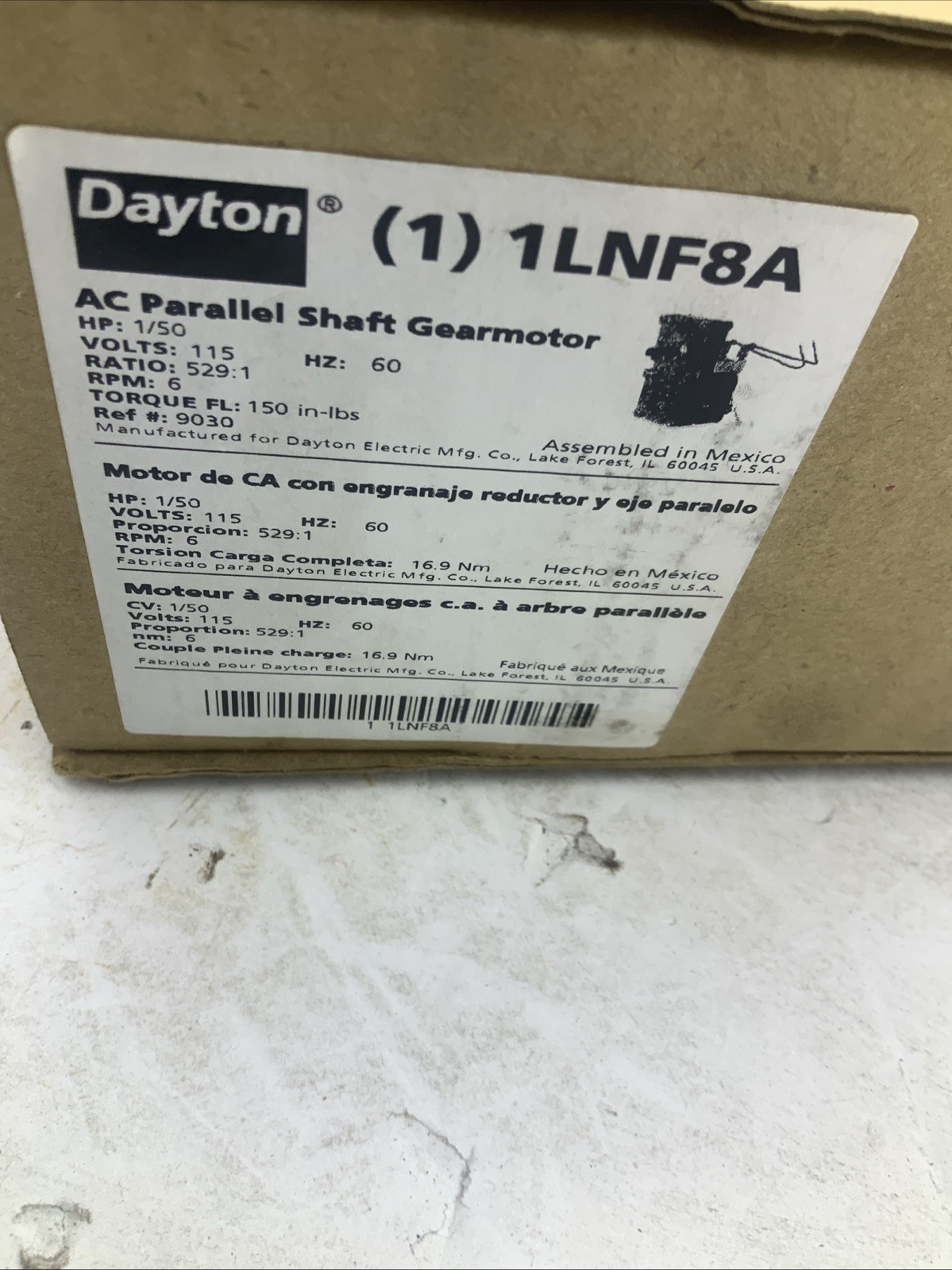 Dayton 1LNF8A AC parallel shaft gearmotor single output shaft. 6 RPM #150 in-Ibs