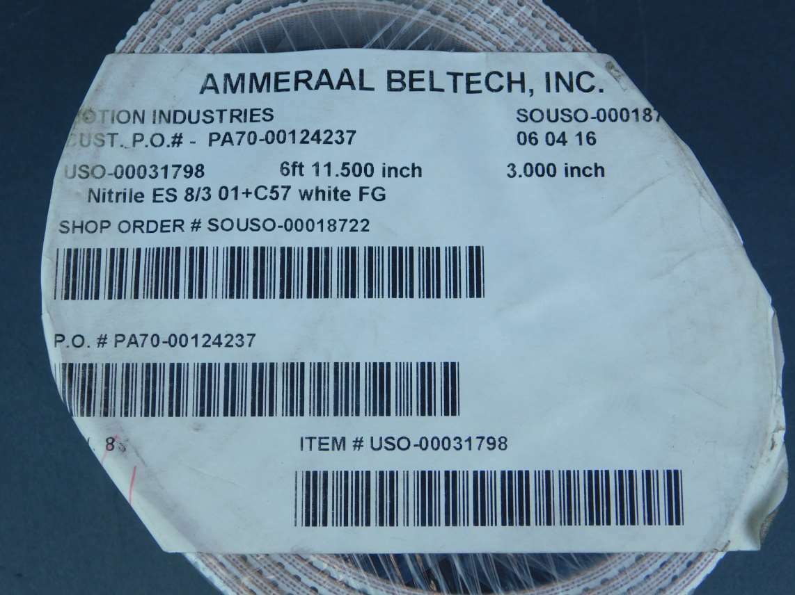 Ammeraal Beltech 6′ 11.5″ x 3″ Nitrile White FG Conveyor Belt – NEW Surplus!