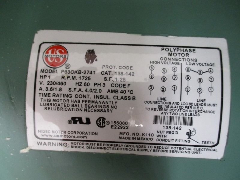 TACO 138C3E26.15 W/ US MOTORS P63CKB-2741 138-142 230/460V 3.6/1.8A NSMP