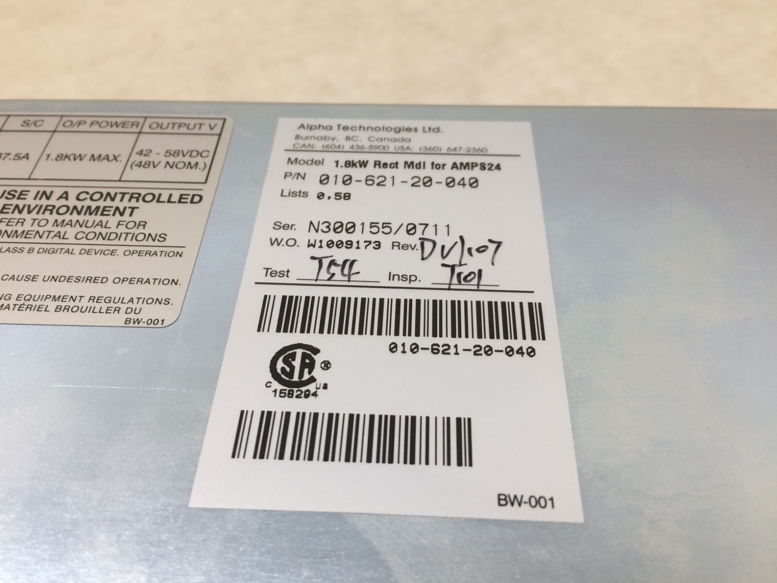 Alpha Technologies AMPS24-2-9 Rectifier Module 010-621-20-040 1.8kW Rect 37.5A