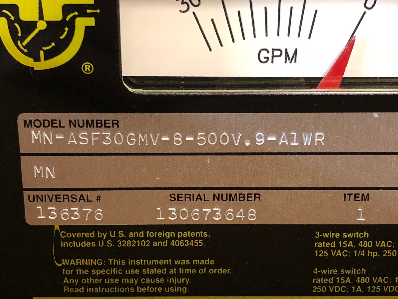 NEW UNIVERSAL FLOW MONITORS GAUGE & VALVE UFM 0-30GPM MN-ASF30GMV-8-500V.9-A1WR