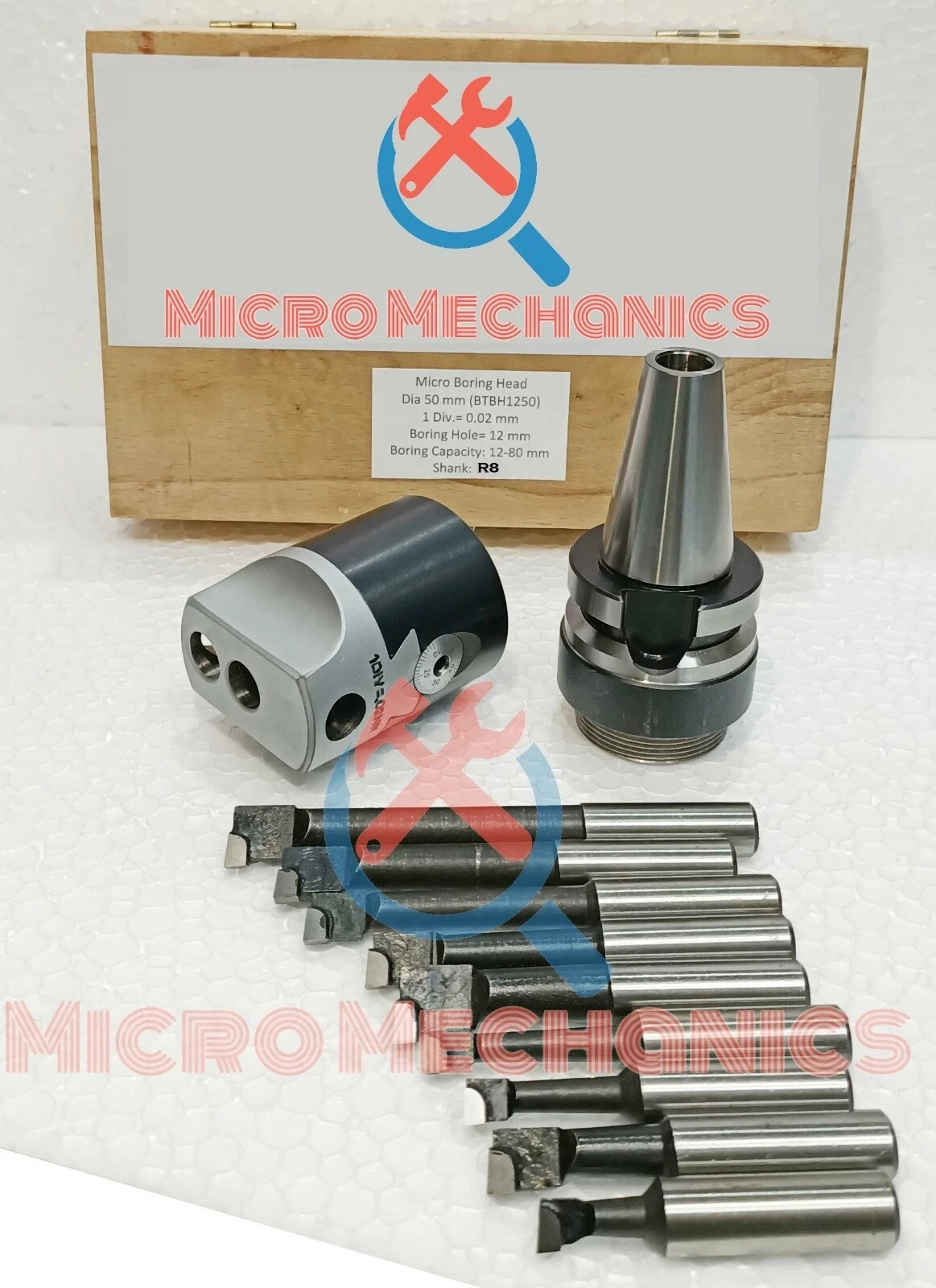 Dia 50 MM Micro Boring Head Set With R8 Shank & 9 Pcs 12mm Carbide Tipped Tools