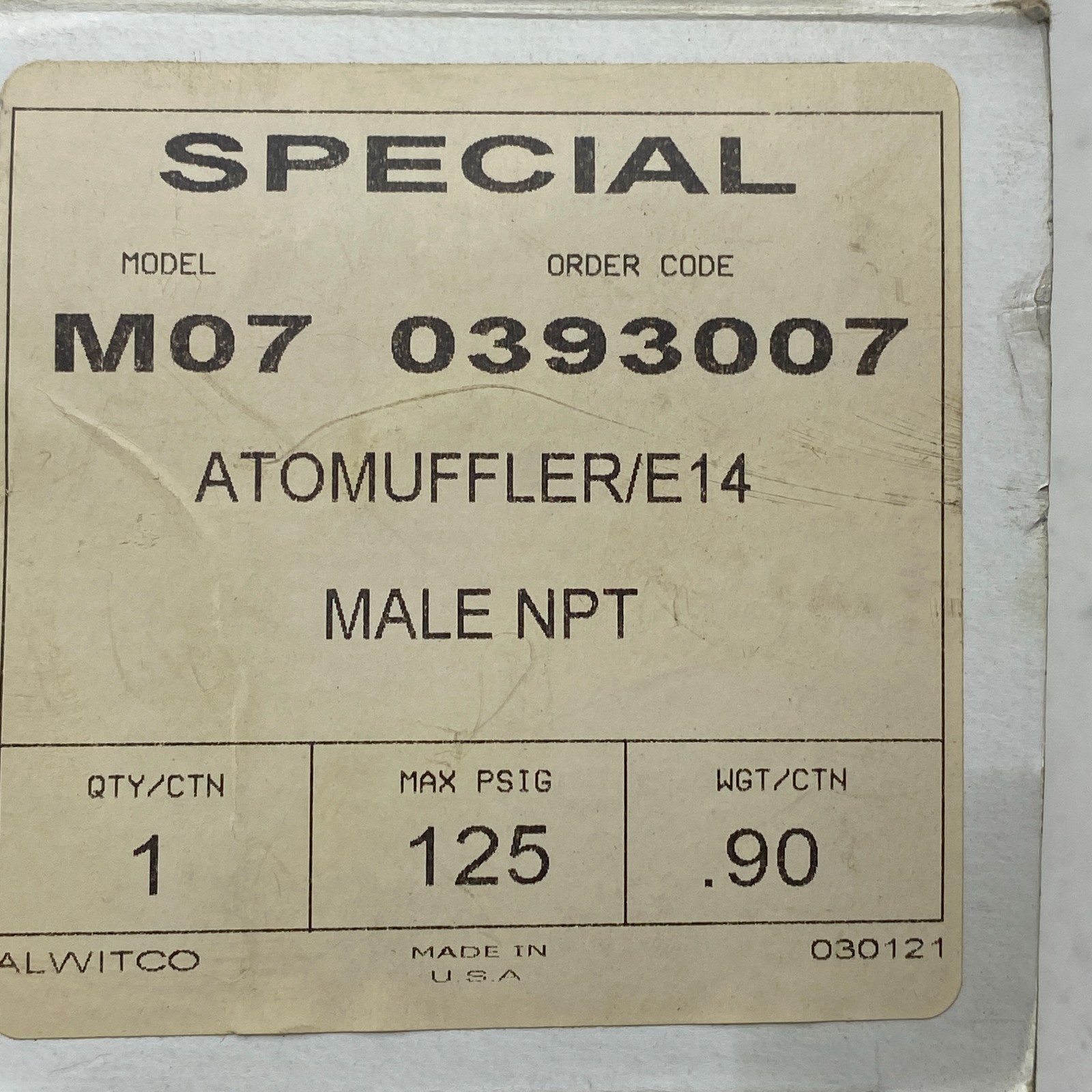 ALLIED WITAN M07 0393007 44AW56 ATOMUFFLER/E14 125PSIG MADE IN USA