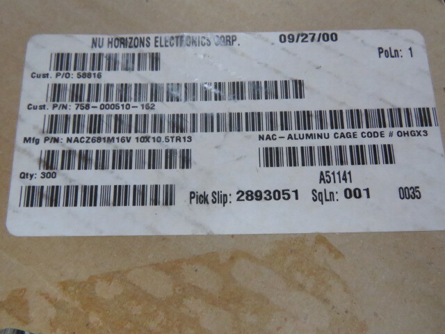 NIC COMPONENTS CORP NACZ681M16V10X10.5TR13 Qty of 140 per Lot CAP ALUM 680UF 16