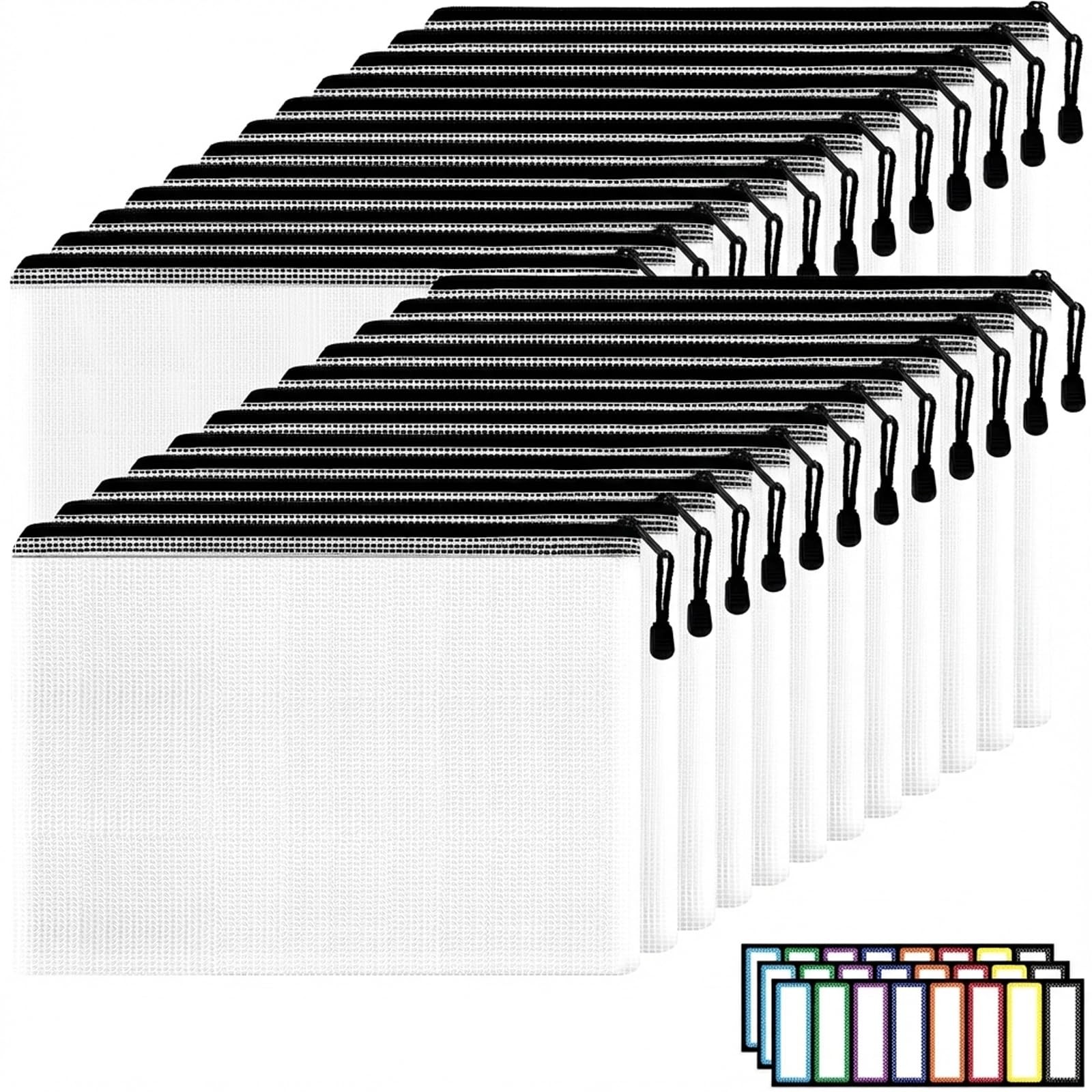 EOOUT 24pcs A4 Zipper Pouch Bags, Mesh Bags with Labels for Board Black