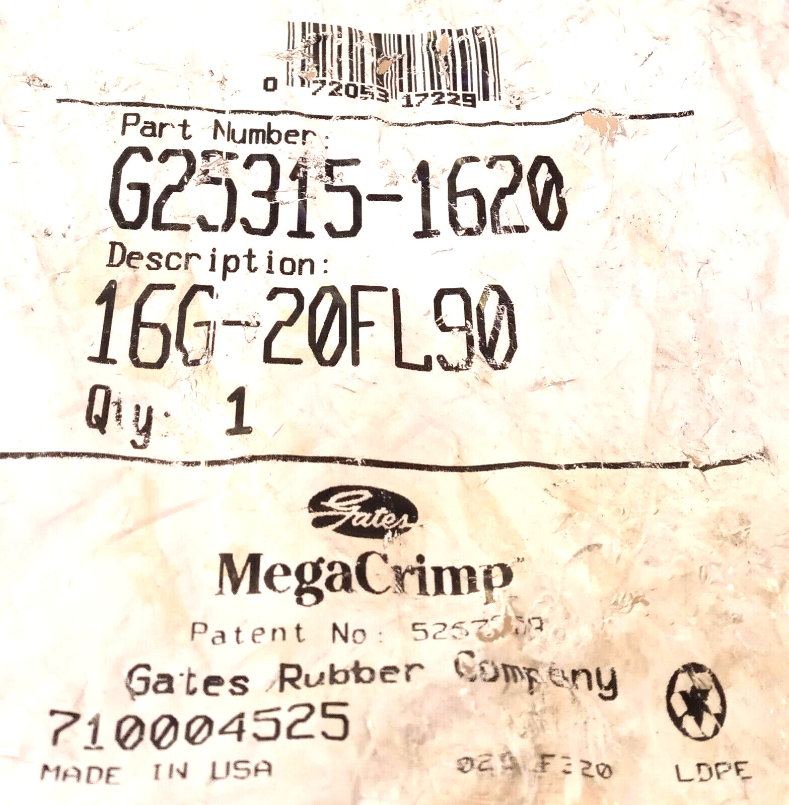 1 NEW GATES MEGACRIMP G25315-1620 16G-20FL90 HOSE FITTING NNB ***MAKE OFFER***