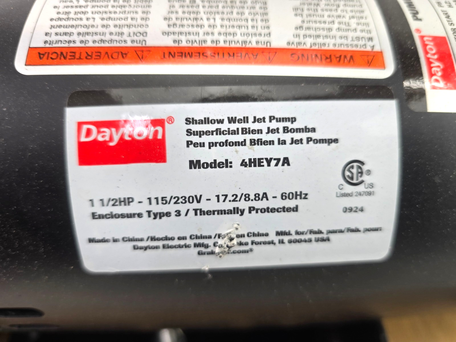NEW DAYTON 4HEY7A Shallow Well Jet Pump 1.5HP 1PH 115/230V AC