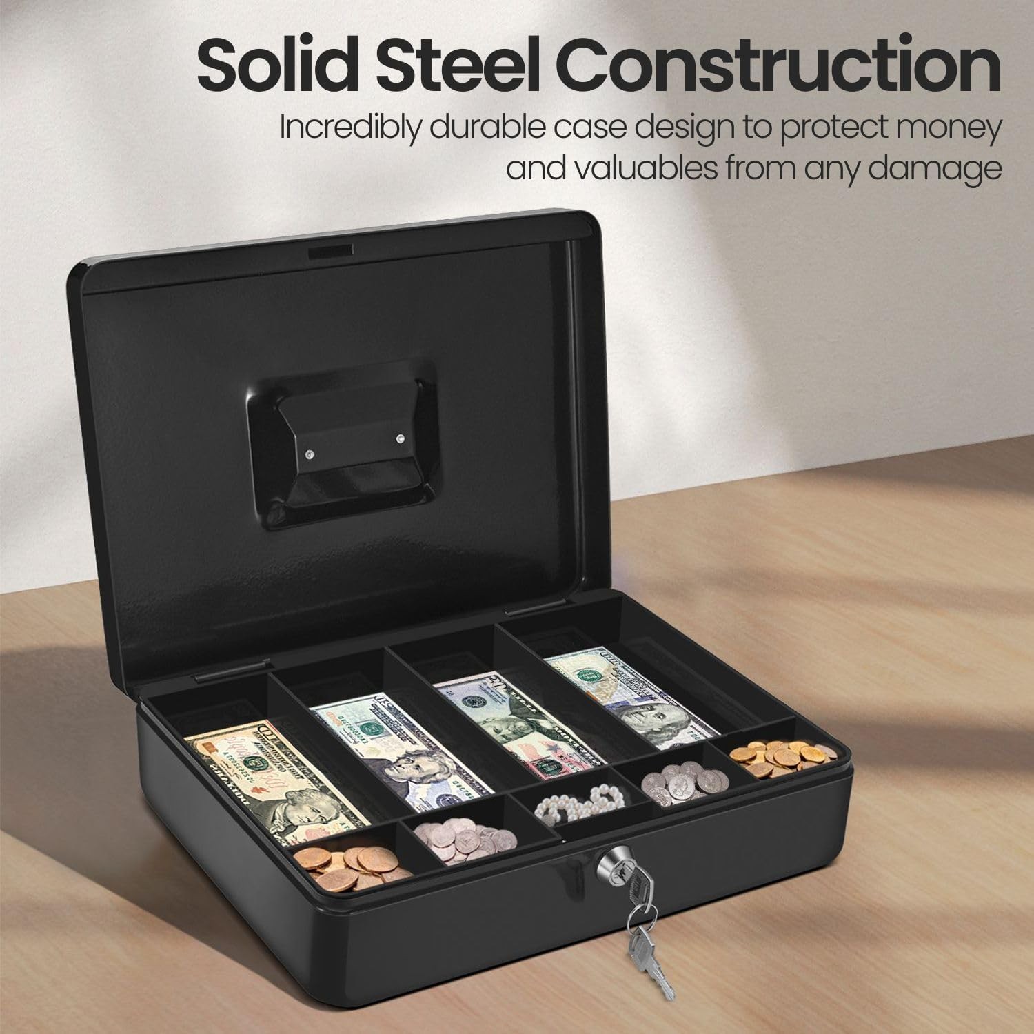 Cash Box with Money Tray and Lock – Metal Cash Box for Small Businesses, 9-Co…