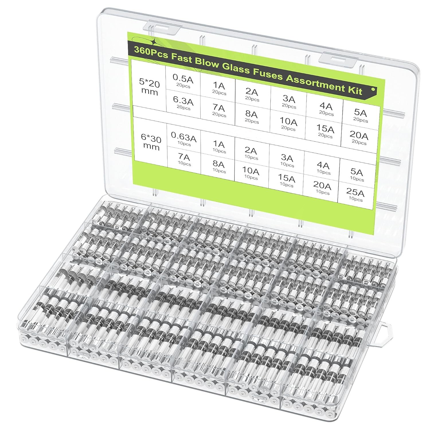 360Pcs Fast Blow Glass Fuse Assortment Kit 24 Values Automotive Fuses Kit 5x20mm