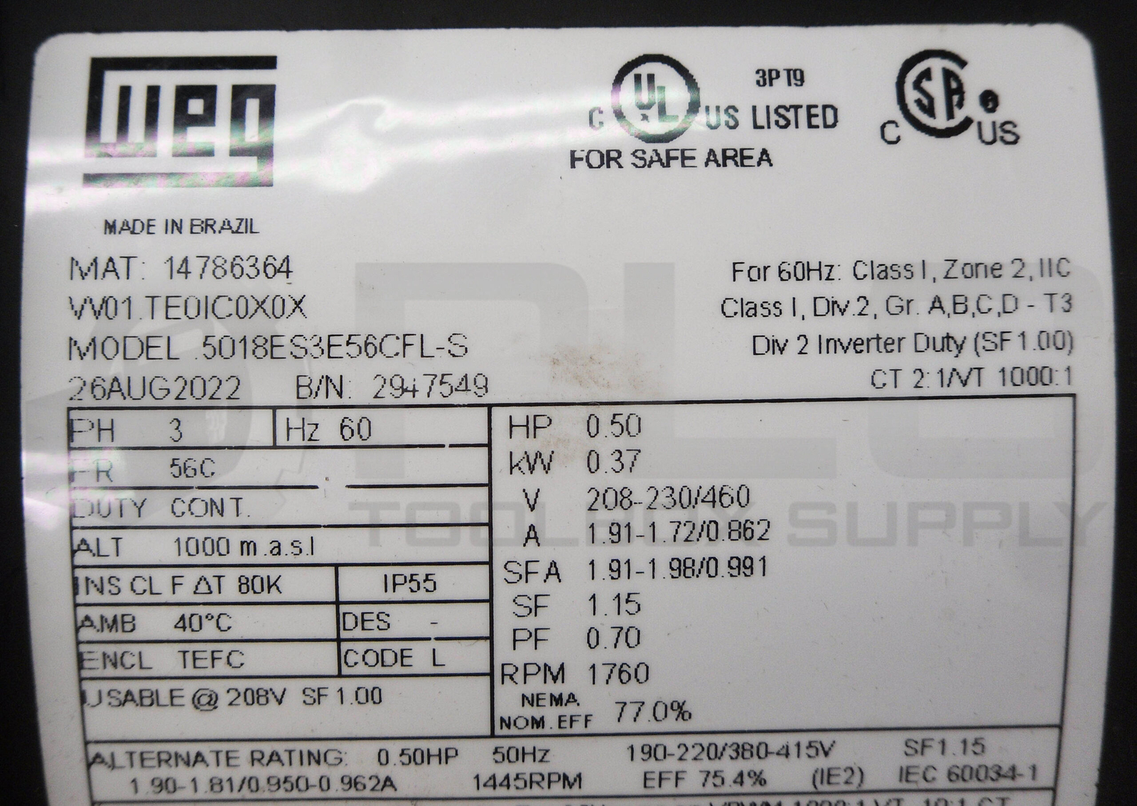 WEG 5018ES3E56CFL-S ROLLED STEEL MOTOR FR:56C 0.50HP 1760RPM