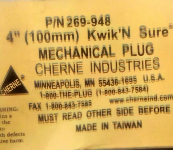 CHERNE IND. MECHANICAL PLUG, 4” (100mm) KWIK’N SURE M173