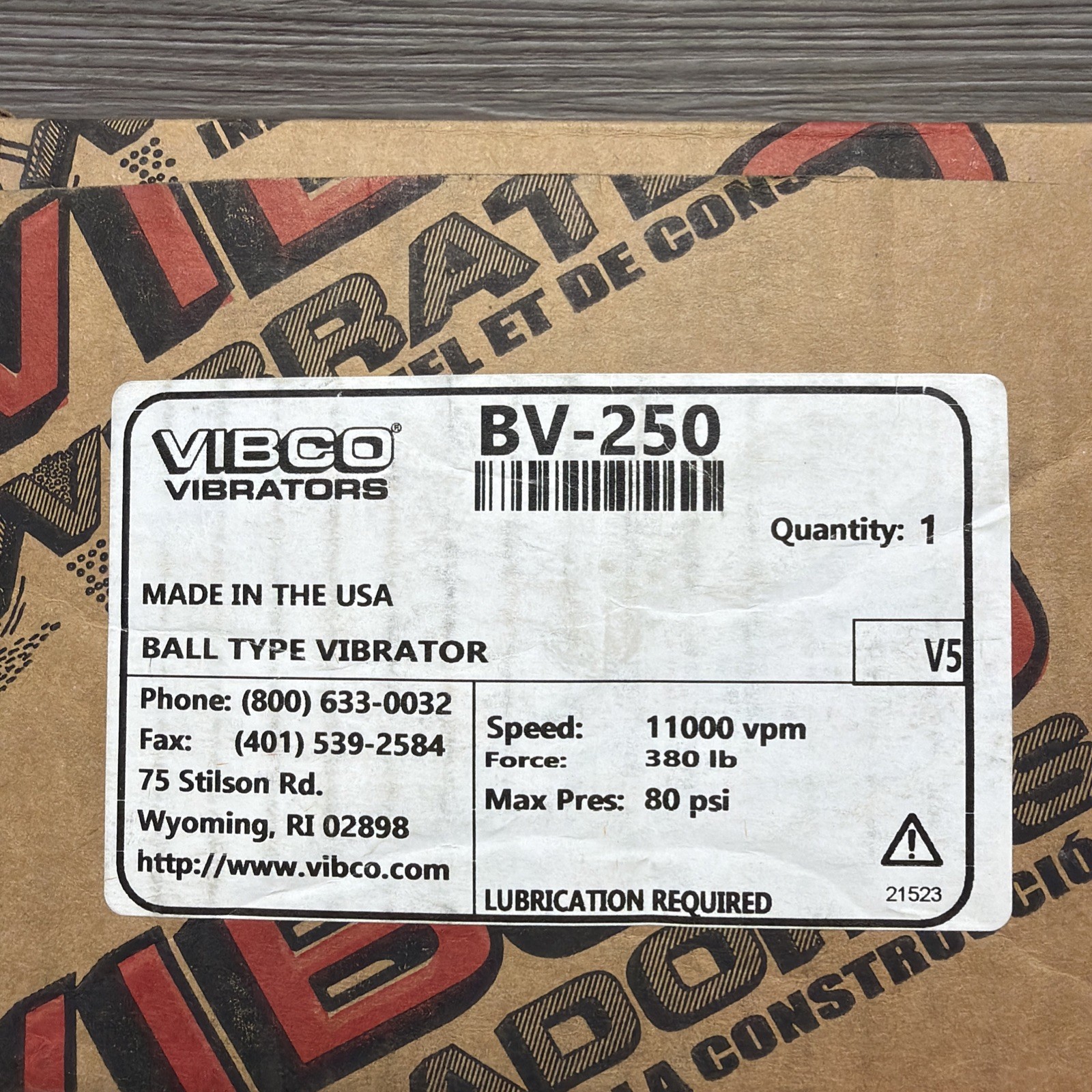 Vibco BV-250 Ball Type Pneumatic Vibrator, 380 LB, 11000 VPM, 80 PSI Max, New