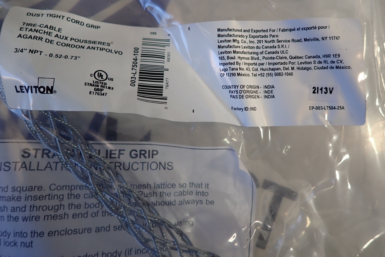 1 NEW – Leviton Dust Tight Cord Grip 003-L7504 3/4″ NPT-0.52-0.73″ from bulk