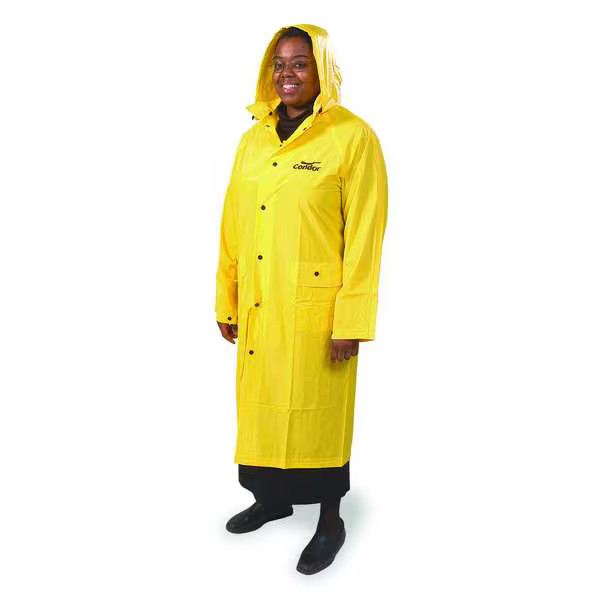 Raincoat with Detachable Hood, PVC, 49 in Length, Snap Closure, Yellow, 2XL
