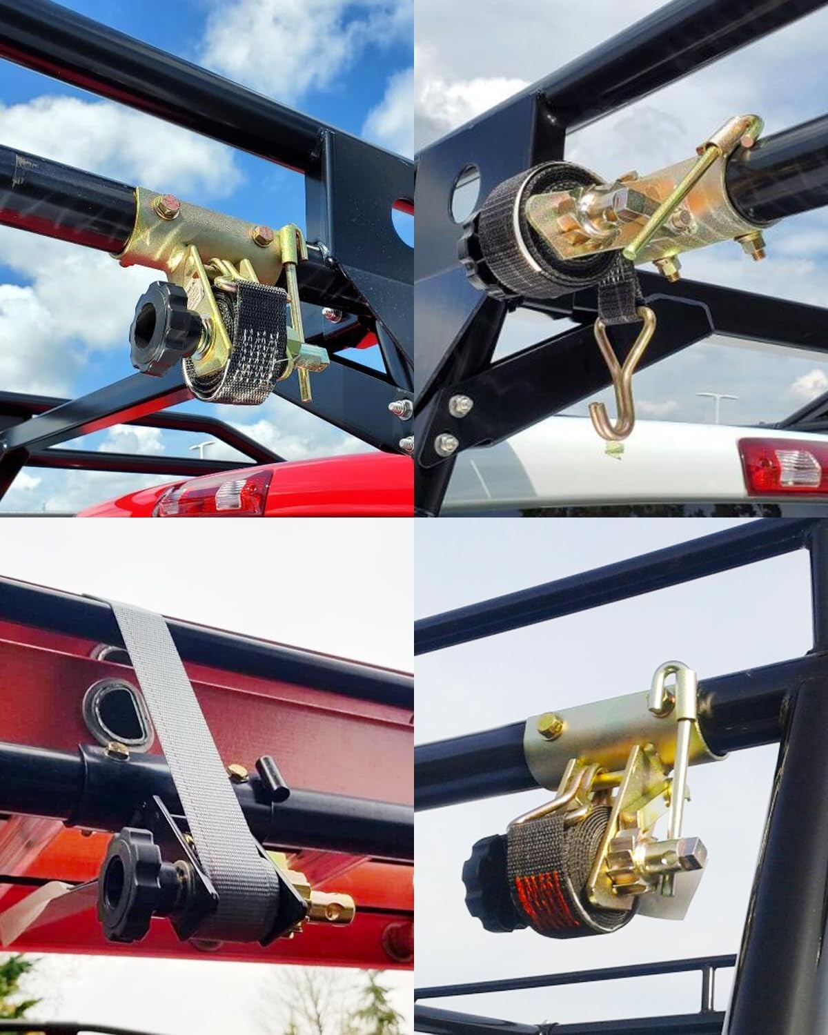 Ladder Rack Ratchet Straps with J-Hook (4PCS), 2″ Black Round Tube Mount, 1.5″