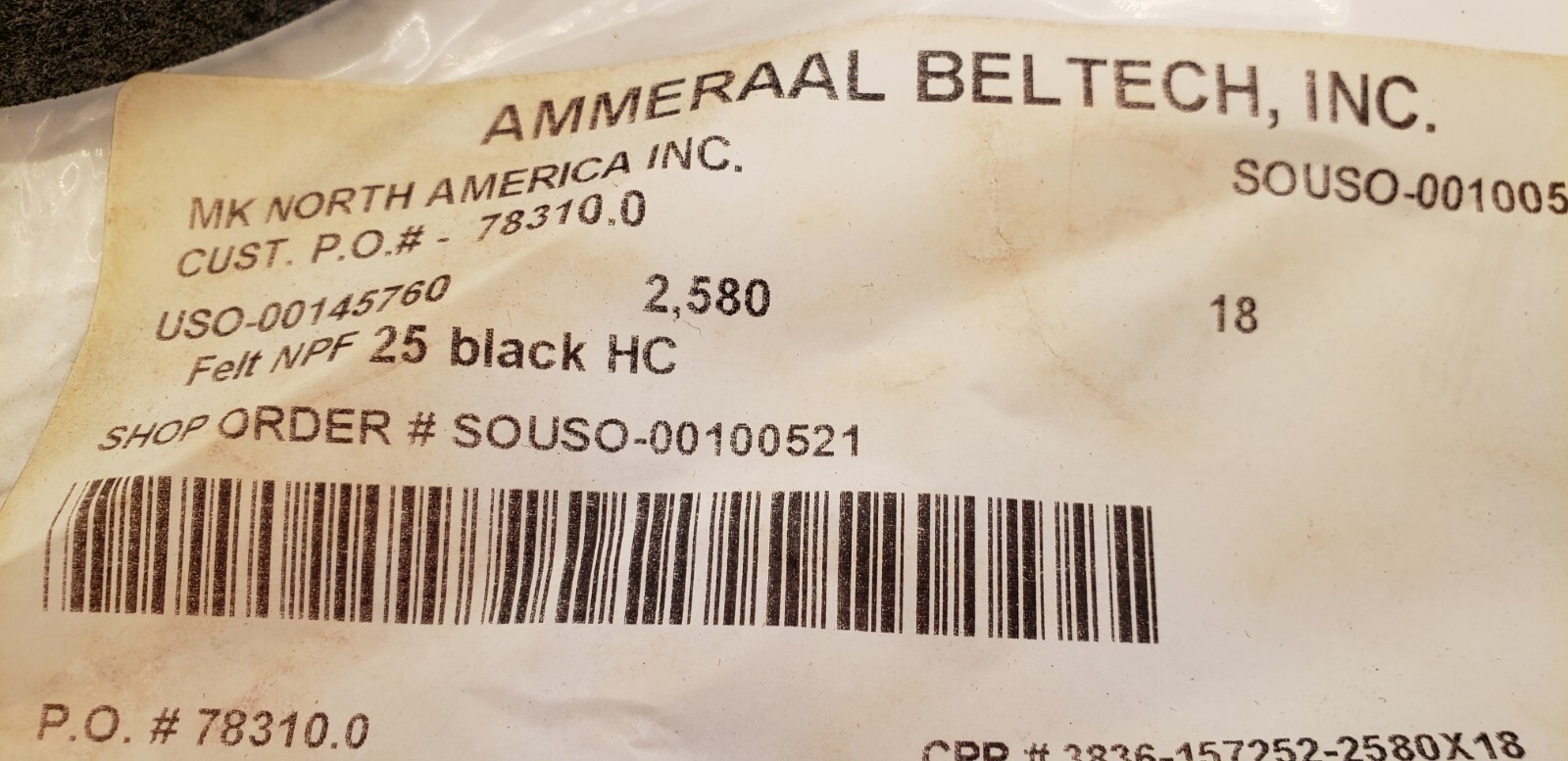 AMMERAAL BELTECH USO-00145760 FELT NPF BELT, 18x2580mm, BLACK, NIB