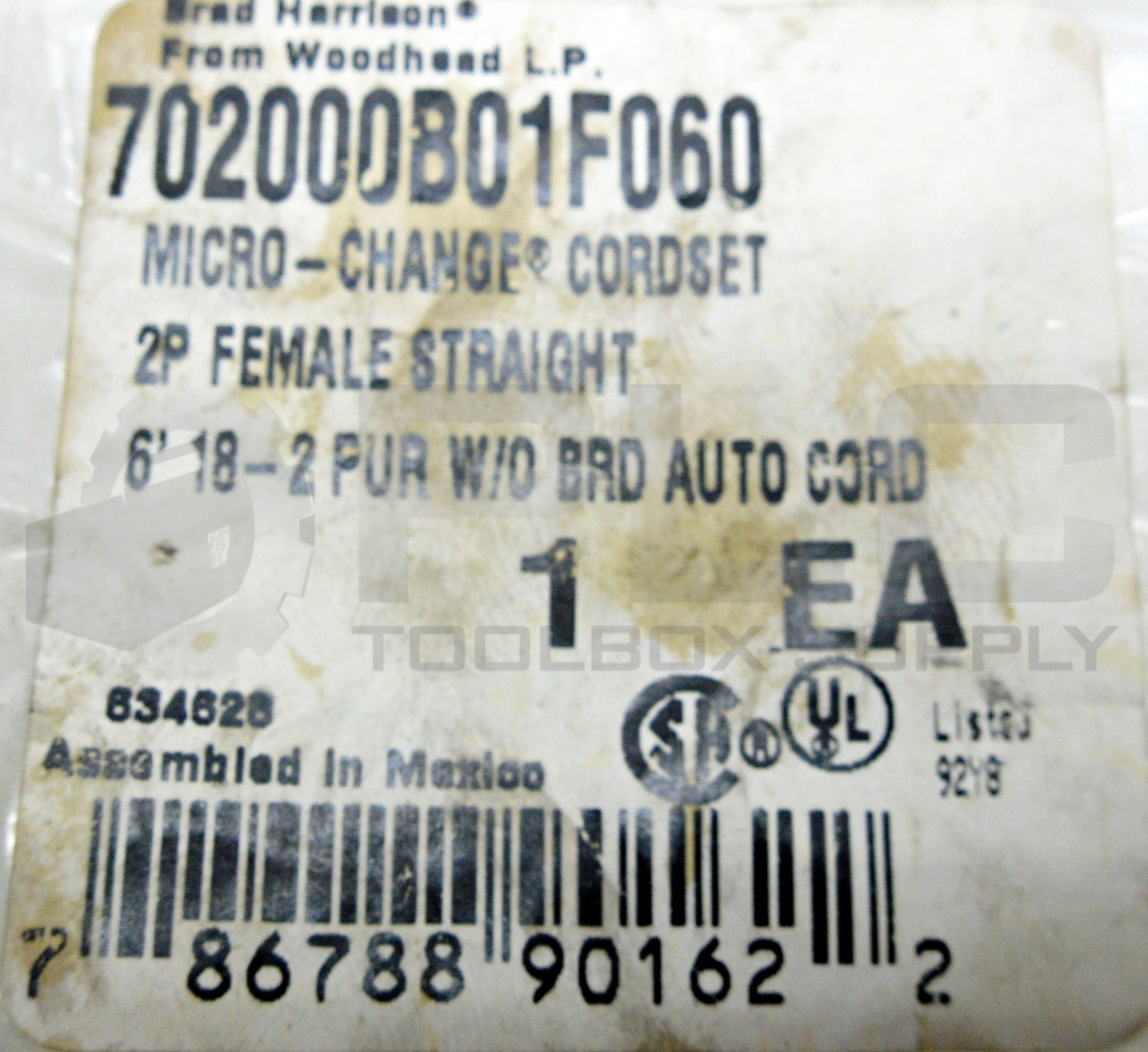 NEW BRAD HARRISON WOODHEAD 702000B01F060 CORDSET 2P FEMALE STRAIGHT, 6′ 18-2 PUR