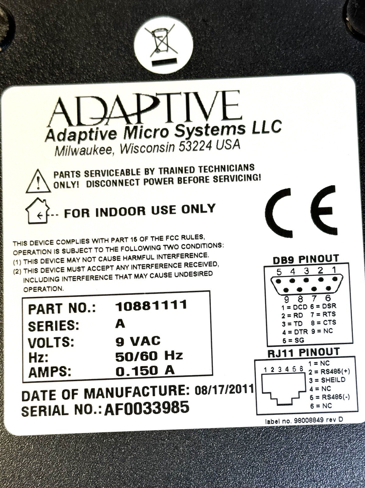 Adaptive Micro Systems 10881111 Ser. A RS-232/RS-485 Converter 9VAC 50/60hz 0.15