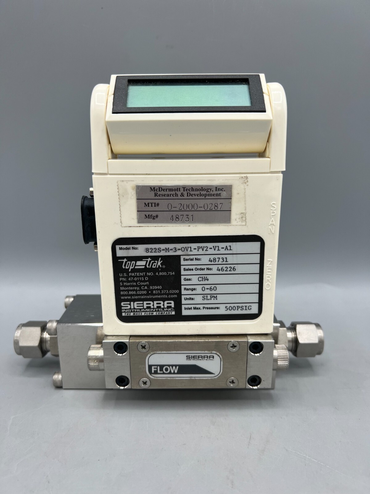 Sierra Instruments TopTrak Mass Flow Meter 822S-M-3-OV1-PV2-VA-A1 Methane 60SLPM