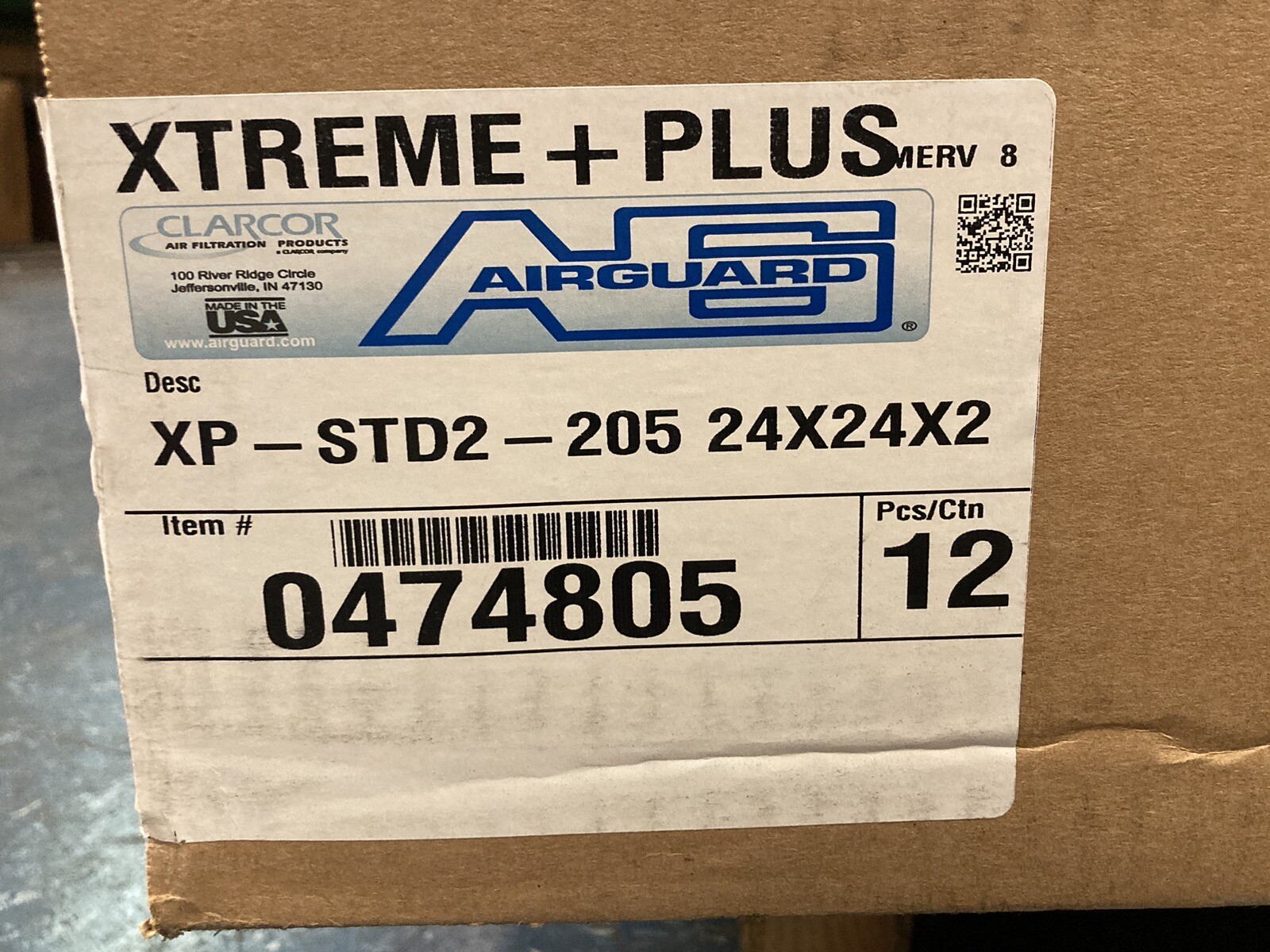 Airguard,XP-STD2-205 24x24x2,Xtreme + Plus Pleated Air Filters BOX OF 8