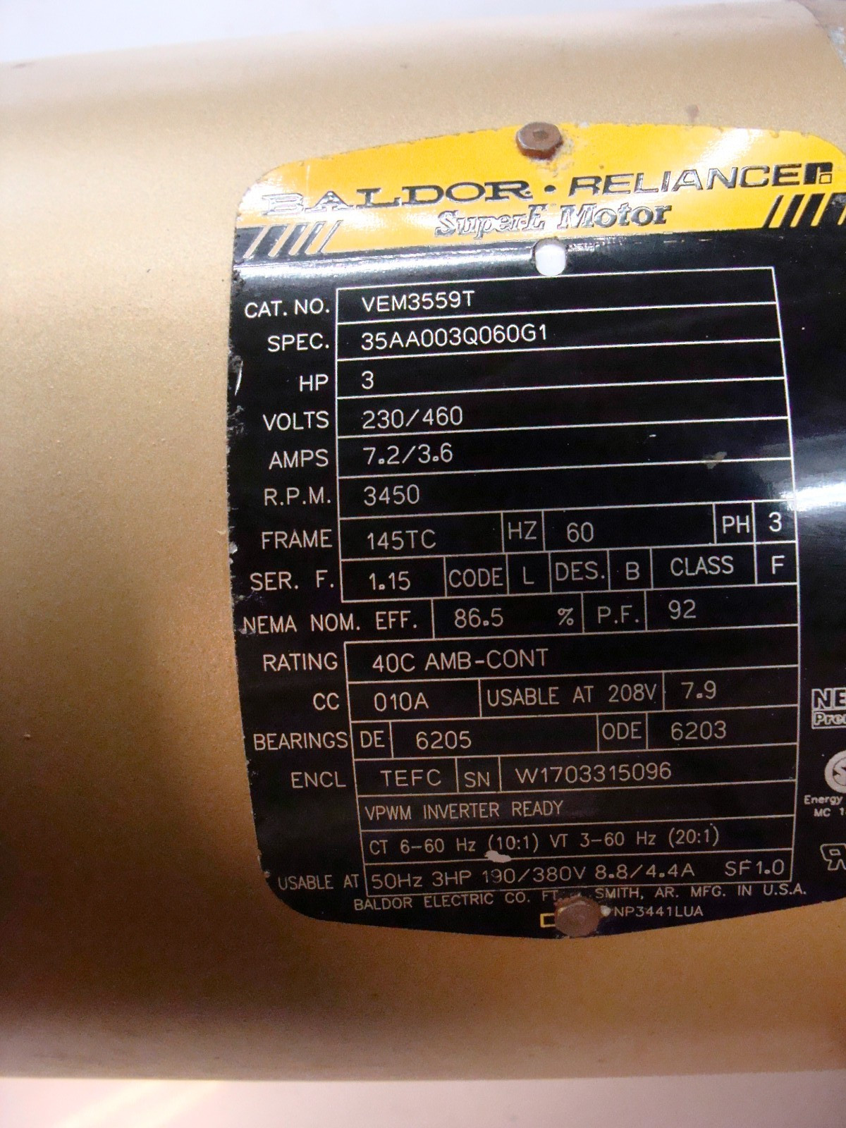 BALDOR RELIANCE SUPER E MOTOR VEM3559T 3HP 230/460V 7.2/3.6A 3450RPM 3PH