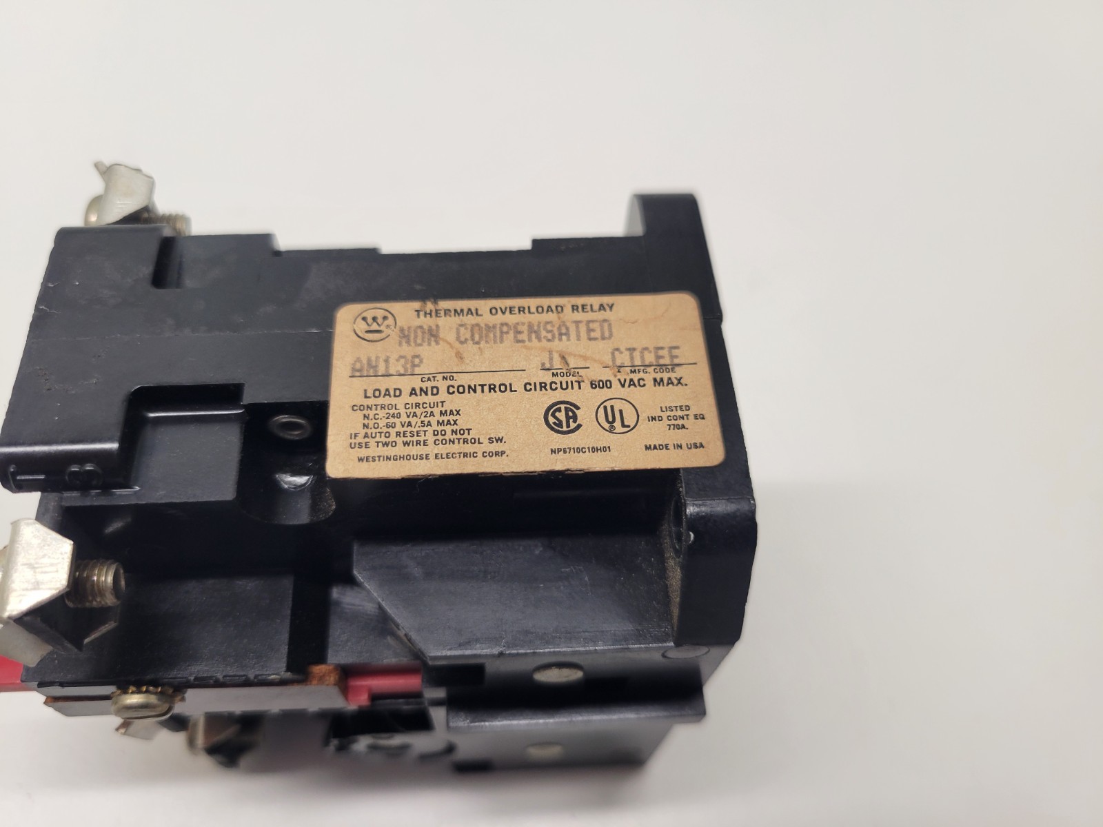 GOOD USED! WESTINGHOUSE 3P 600VAC THERMAL OVERLOAD RELAY AN13P