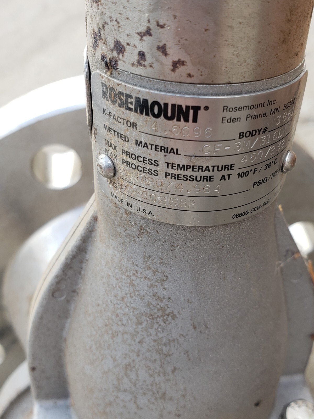 ROSEMOUNT 4” 300 MODEL 8800 VORTEC FLOW METER S.S K FACTOR