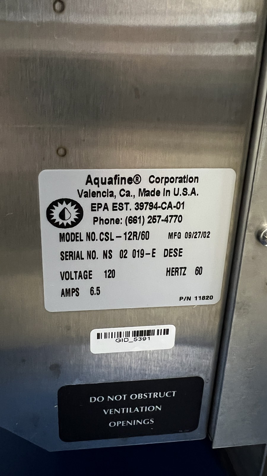 Aquafine US Filter CLS12R/60 UV Water Treatment Unit, 260 GPM