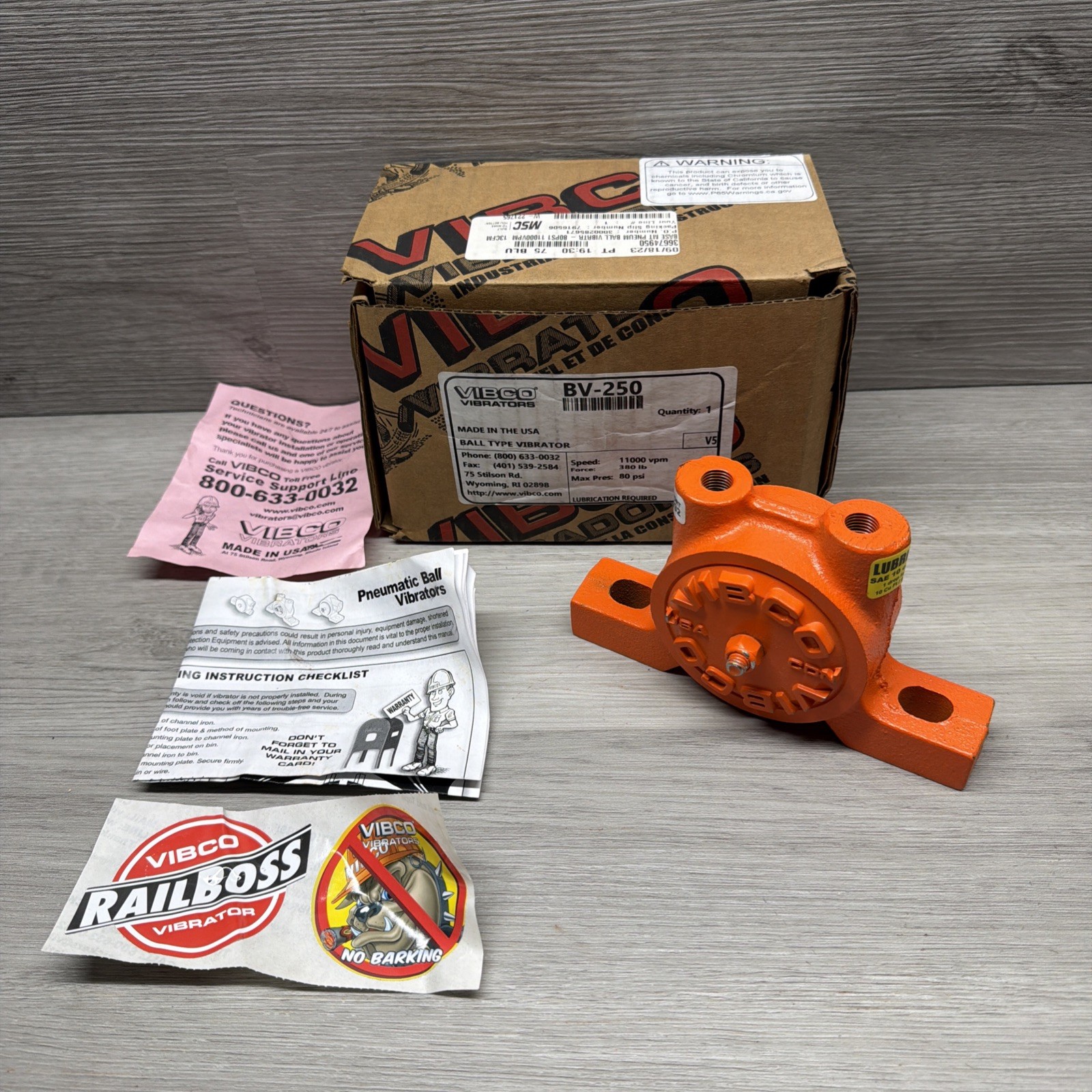Vibco BV-250 Ball Type Pneumatic Vibrator, 380 LB, 11000 VPM, 80 PSI Max, New
