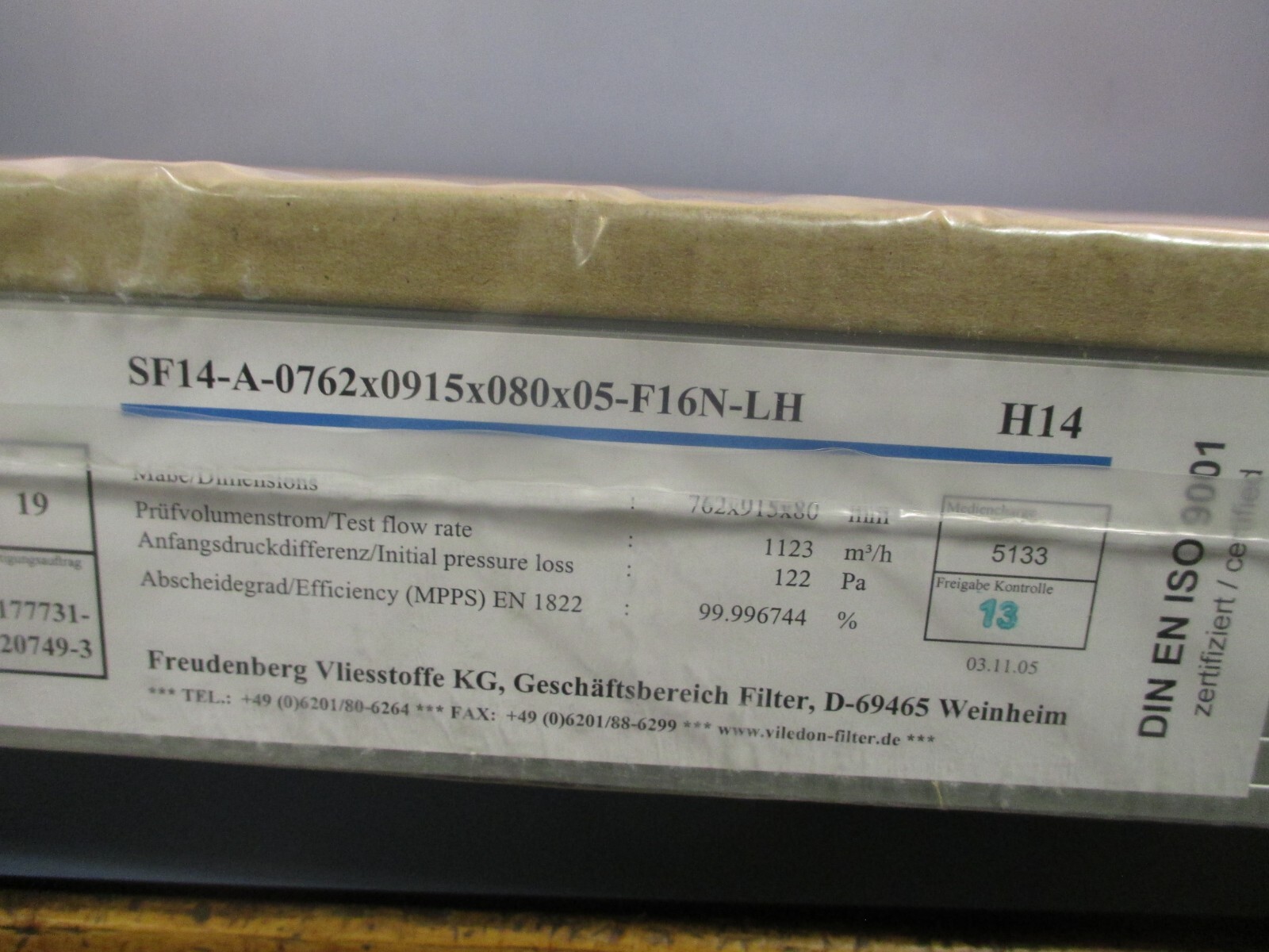 FREUDENBERG 53379635 HEPA/ULPA Filter Panel SF14-A-0610X0762X080X05-F16N-LH