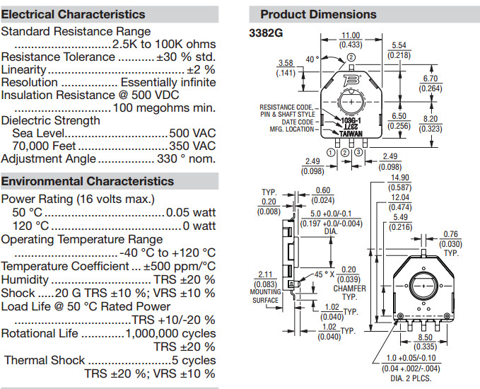 1x BOURNS 3382G-1-103G resistive rotation sensor B10K angular position detection