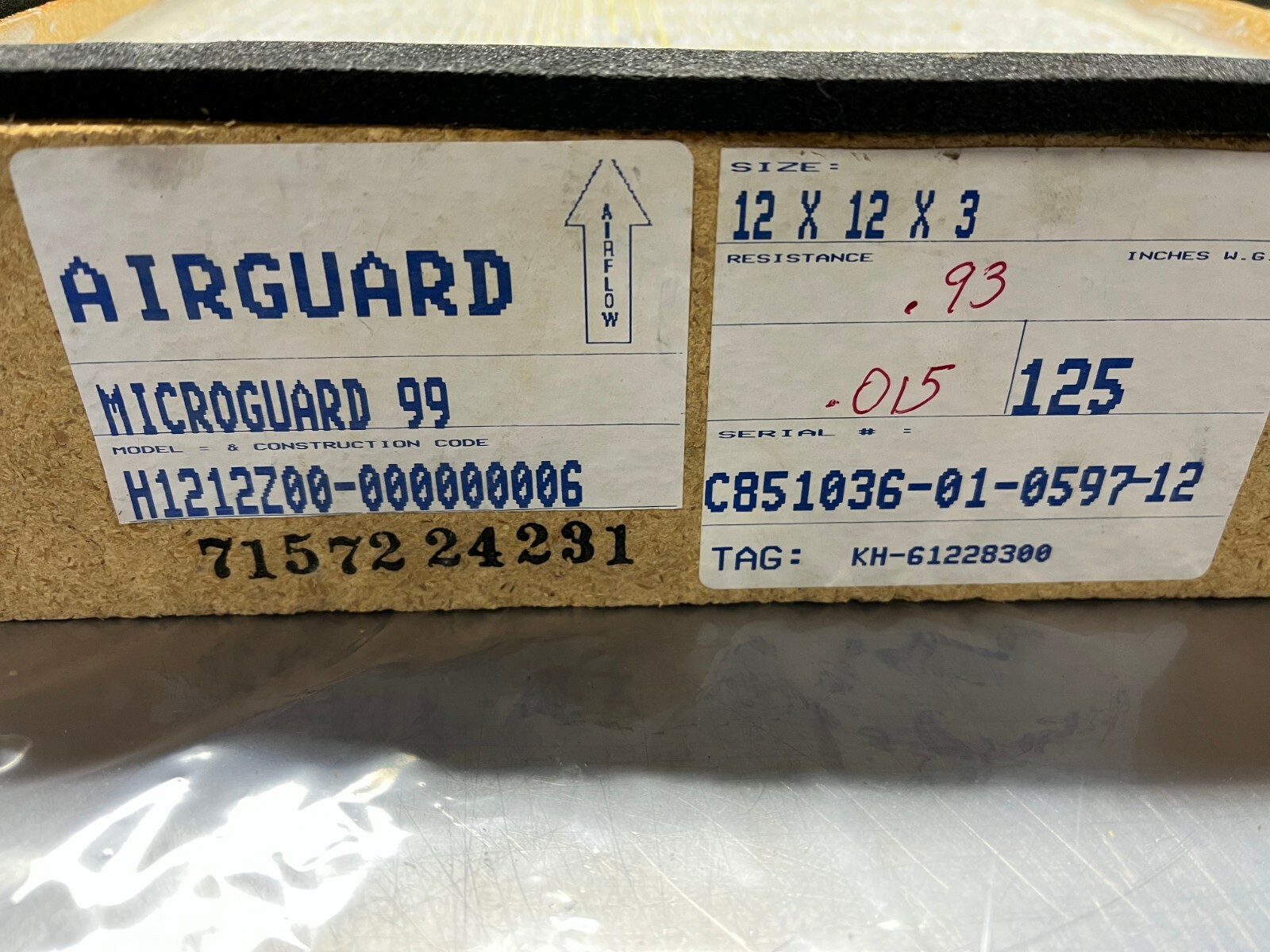 AIRGUARD H1212Z00-000000006 MICROGUARD 99 AIR FILTER 12x12x3 in Wood Frame