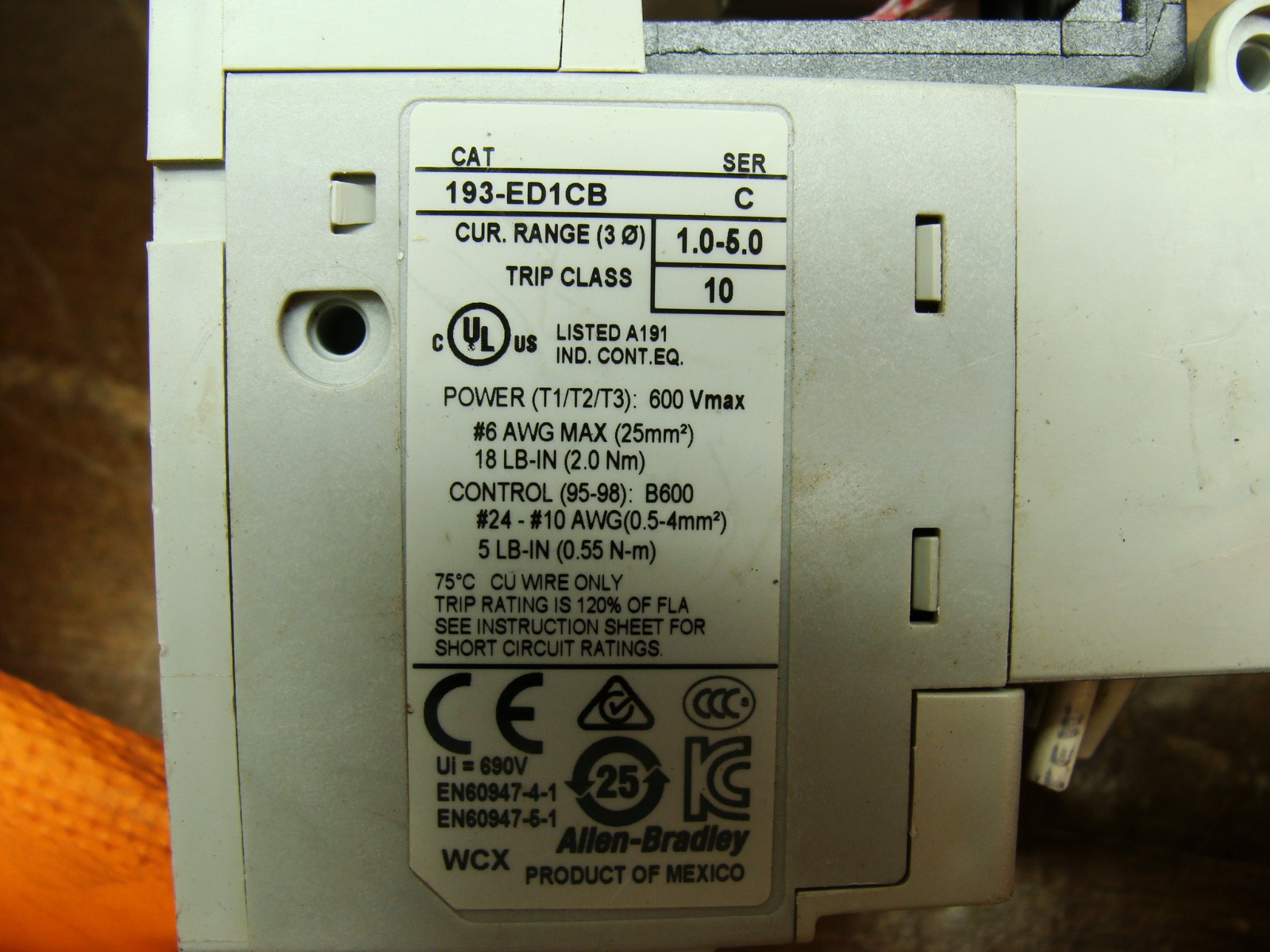 ALLEN BRADLEY 100-C09*10 SER A CONTACTOR W/193-ED1CB SER C OVERLOAD RELAY