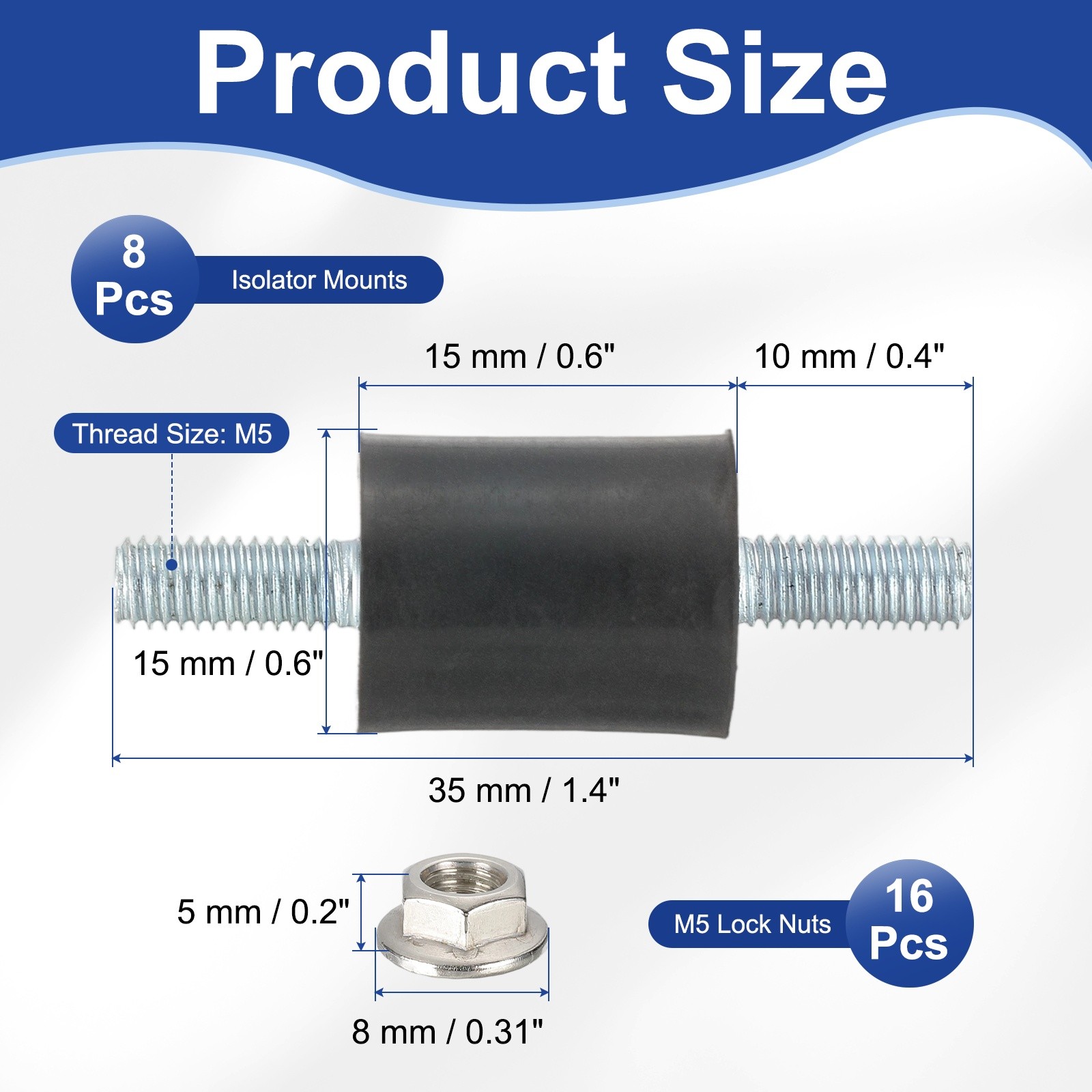 M5-15x15mm Rubber Isolator Mounts Vibration Studs Shock Absorber, 8Pcs (35mm)
