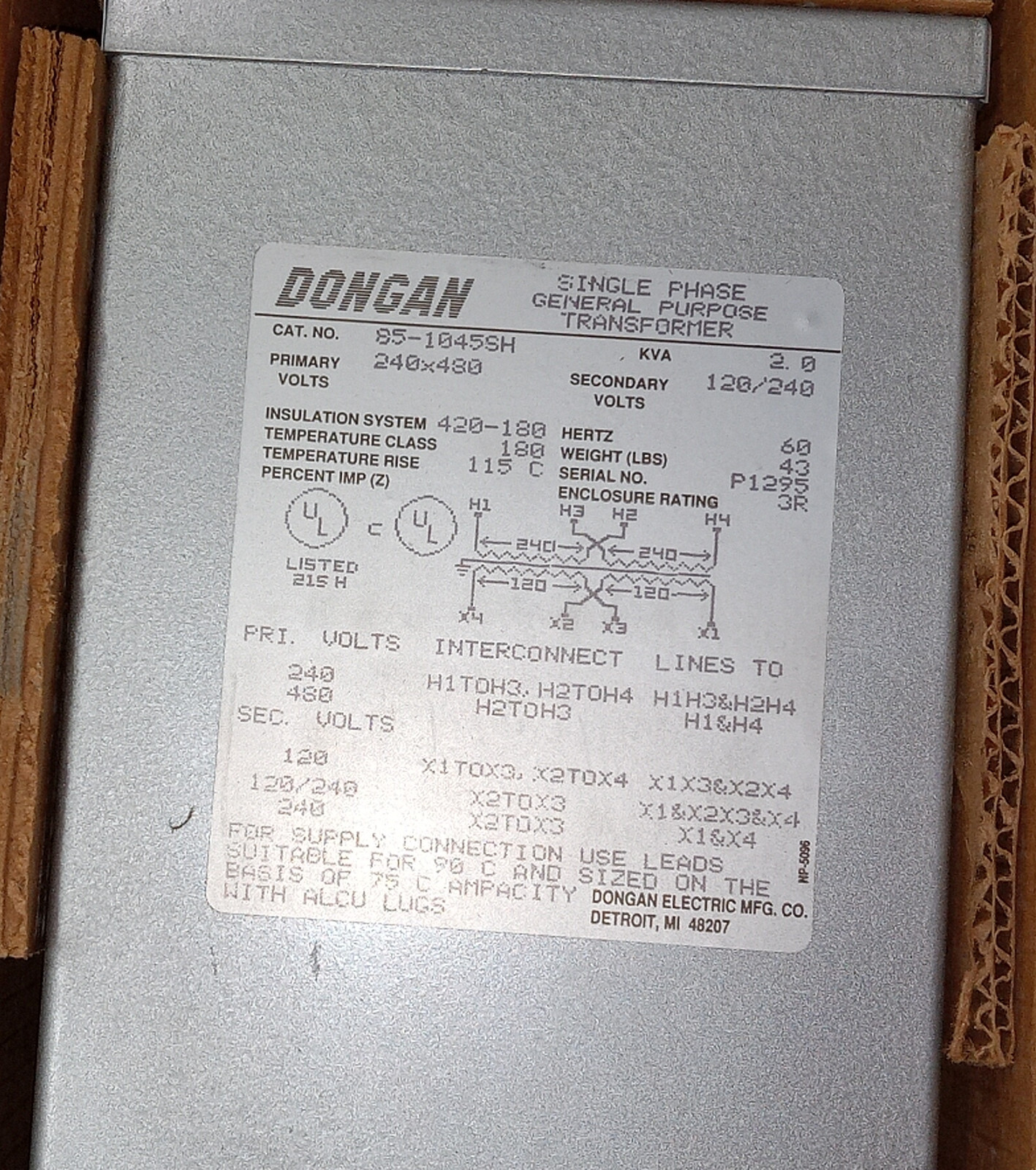 1 NEW DONGAN 85-1045SH 2.0 KVA GENERAL PURPOSE TRANSFORMER NIB ***MAKE OFFER***