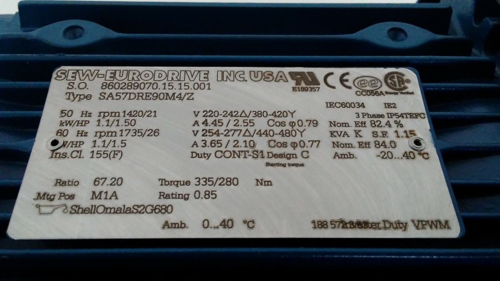 NEW UNUSED! SEW EURODRIVE 1.1/1.5HP GEAR MOTOR SA57DRE90M4/Z