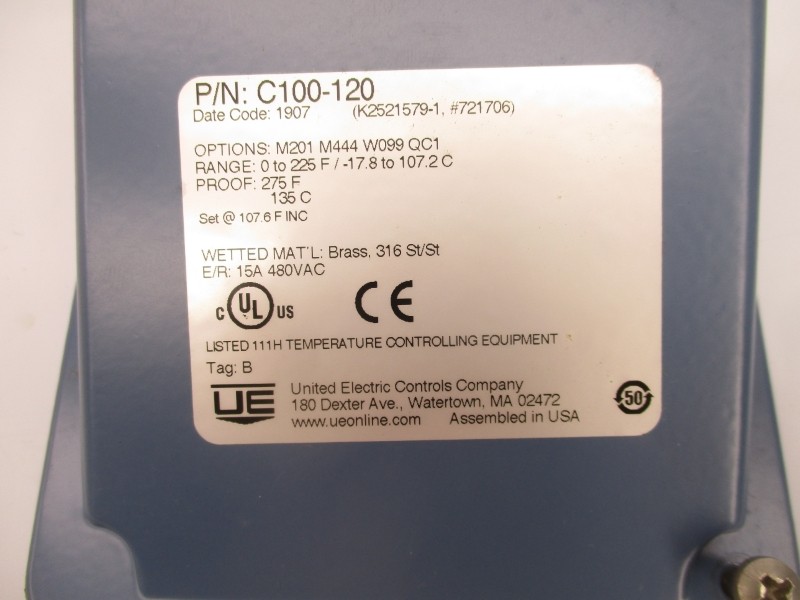 UNITED ELECTRIC C100-120 M201M444W099QC1 480VAC 15A 0-225’F NSMP