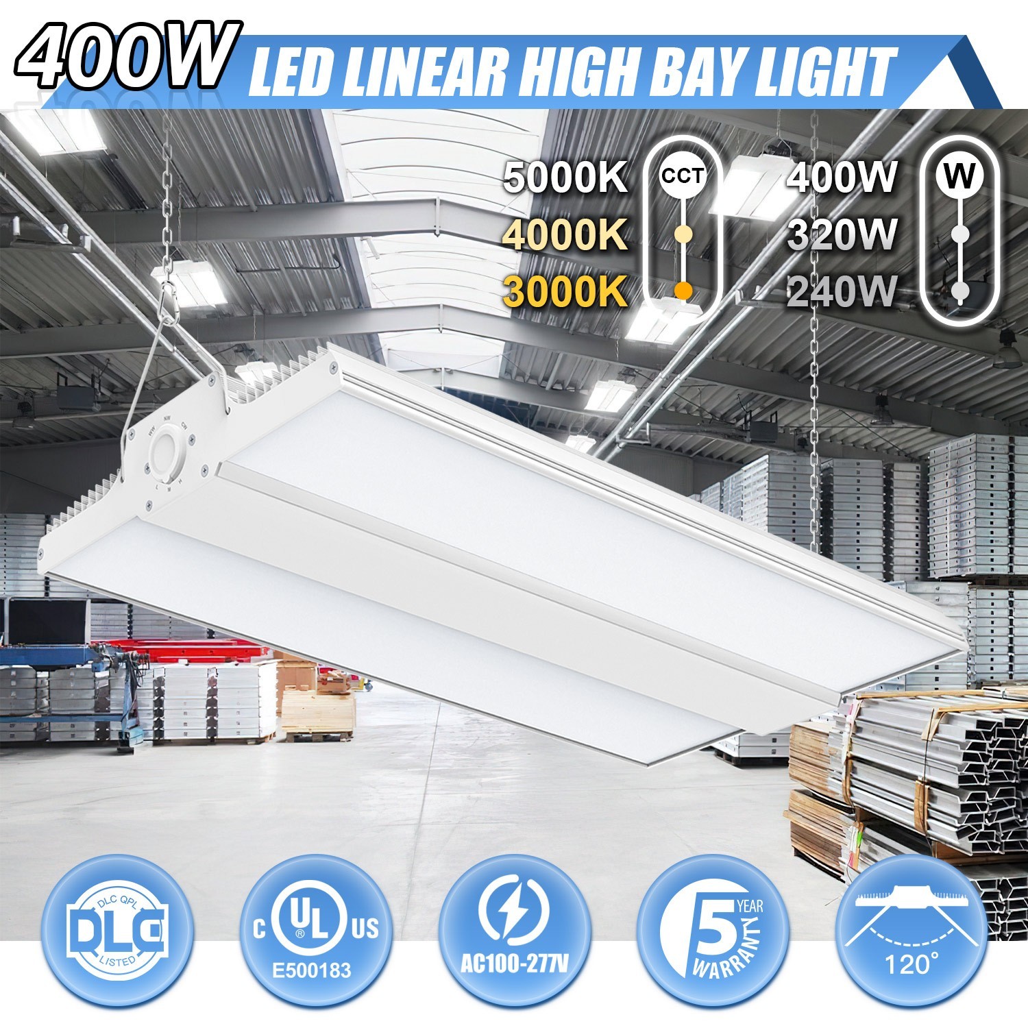 LED Linear High Bay Light 400W Warehouse Workshop Hanging Lamp 4500K/5000K/5700K
