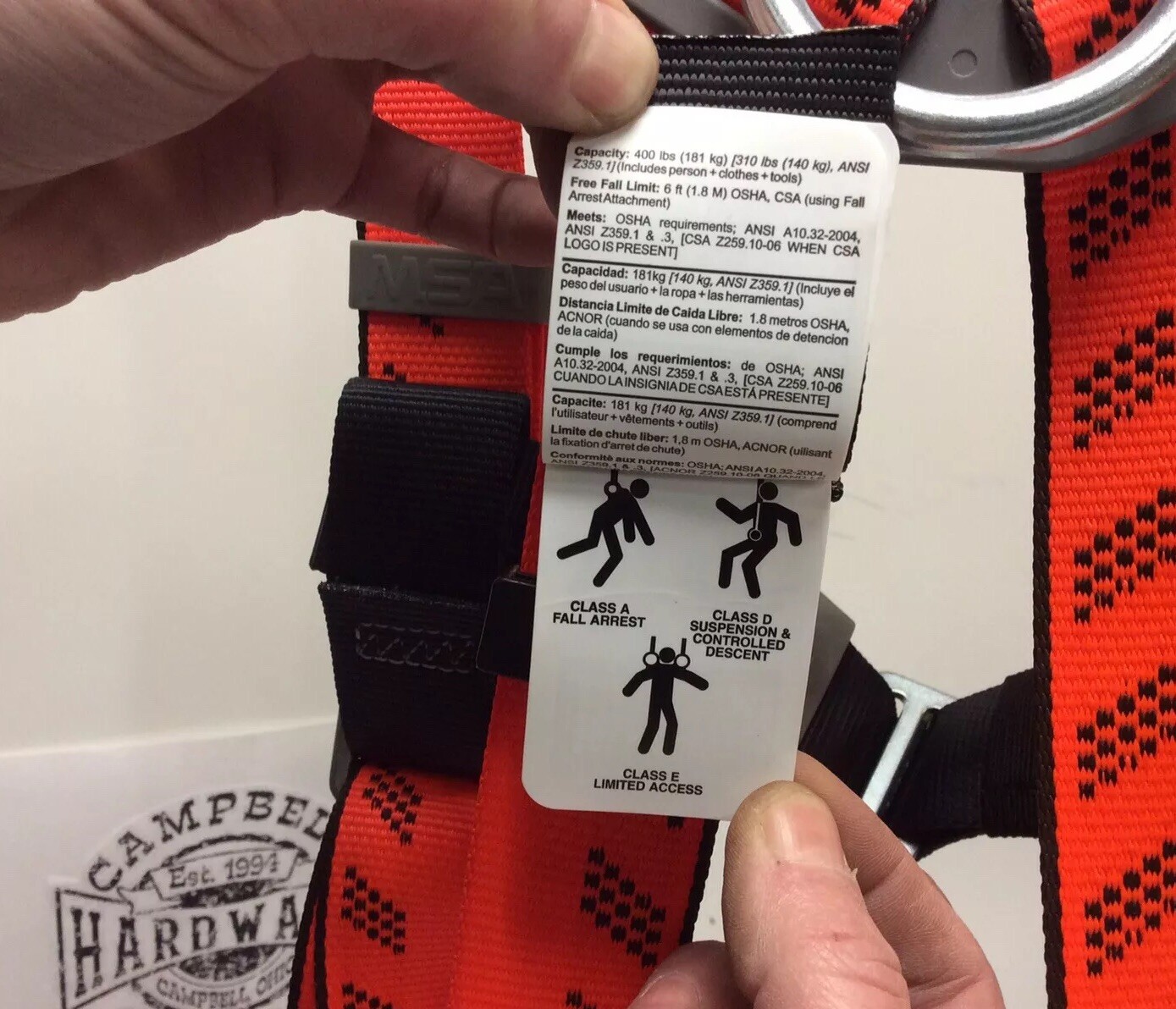 Harness MSA Full Body XLG Vest Style P#10091456 Rigging Climbing D-Ring Safety