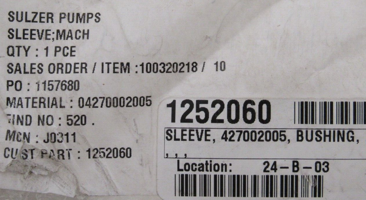 NEW SULZER PUMPS 100320218/10 SLEEVE BUSHING 427002005