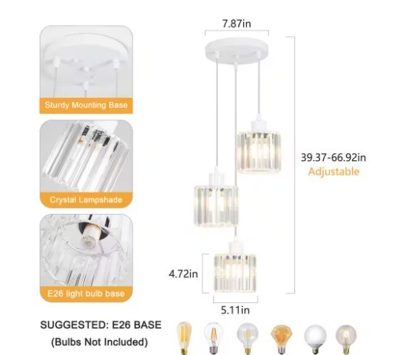 LWYTJO 3-Light Shine White Modern Classic Style Crystal Pendant Light